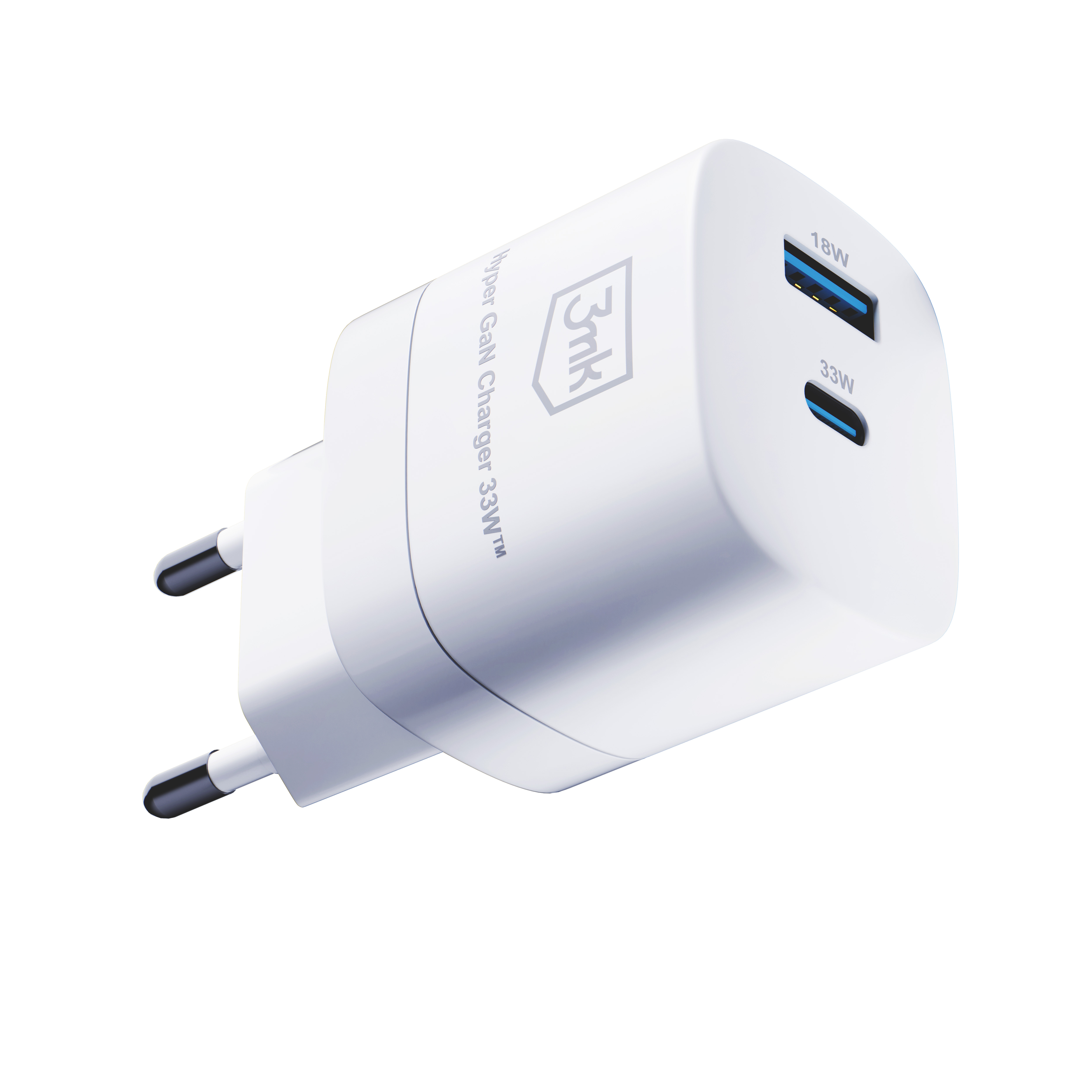 Biała ładowarka 33 W z portami USB prezentowana jest na białym tle.