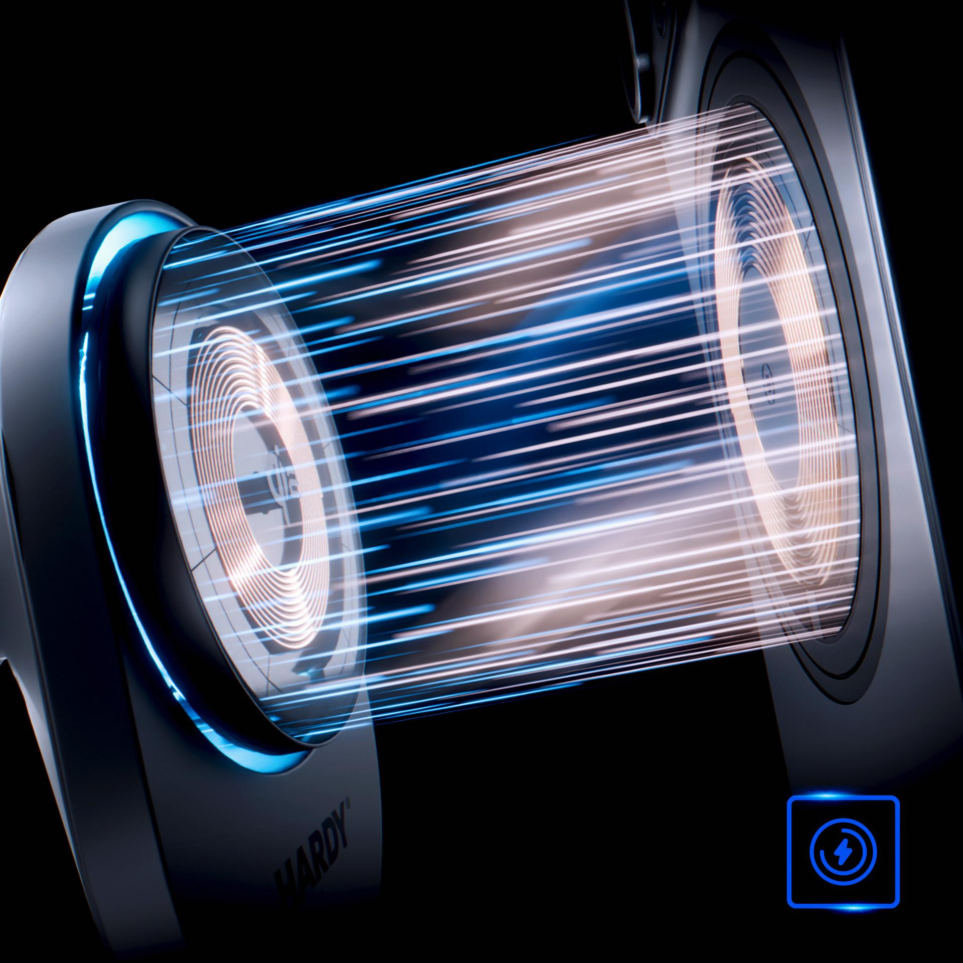 Bezprzewodowa ładowarka samochodowa ma wewnętrzne cewki ładujące na czarnym tle.