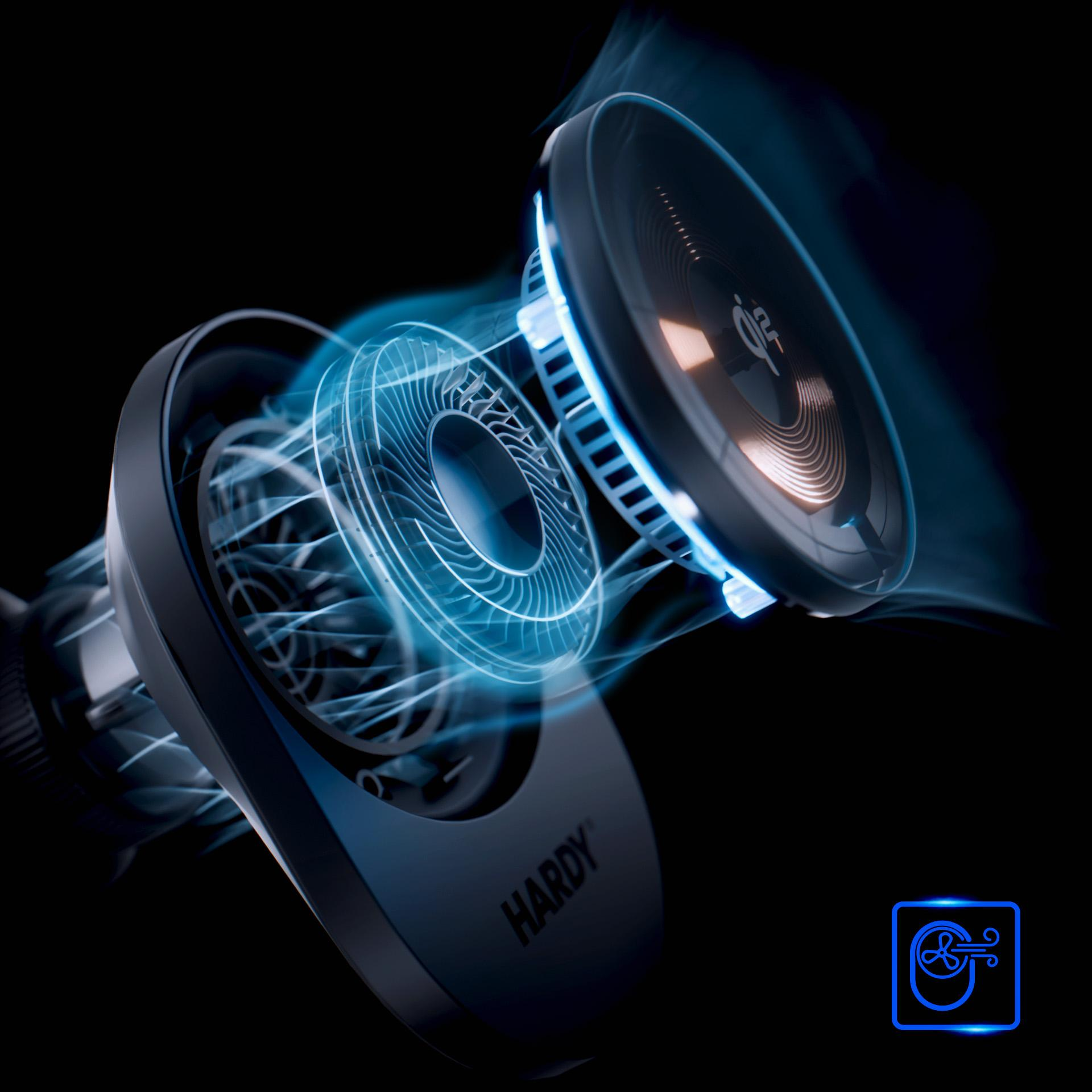 Bezprzewodowa ładowarka samochodowa jest wyposażona w wewnętrzny wentylator chłodzący, ustawiony na czarno.