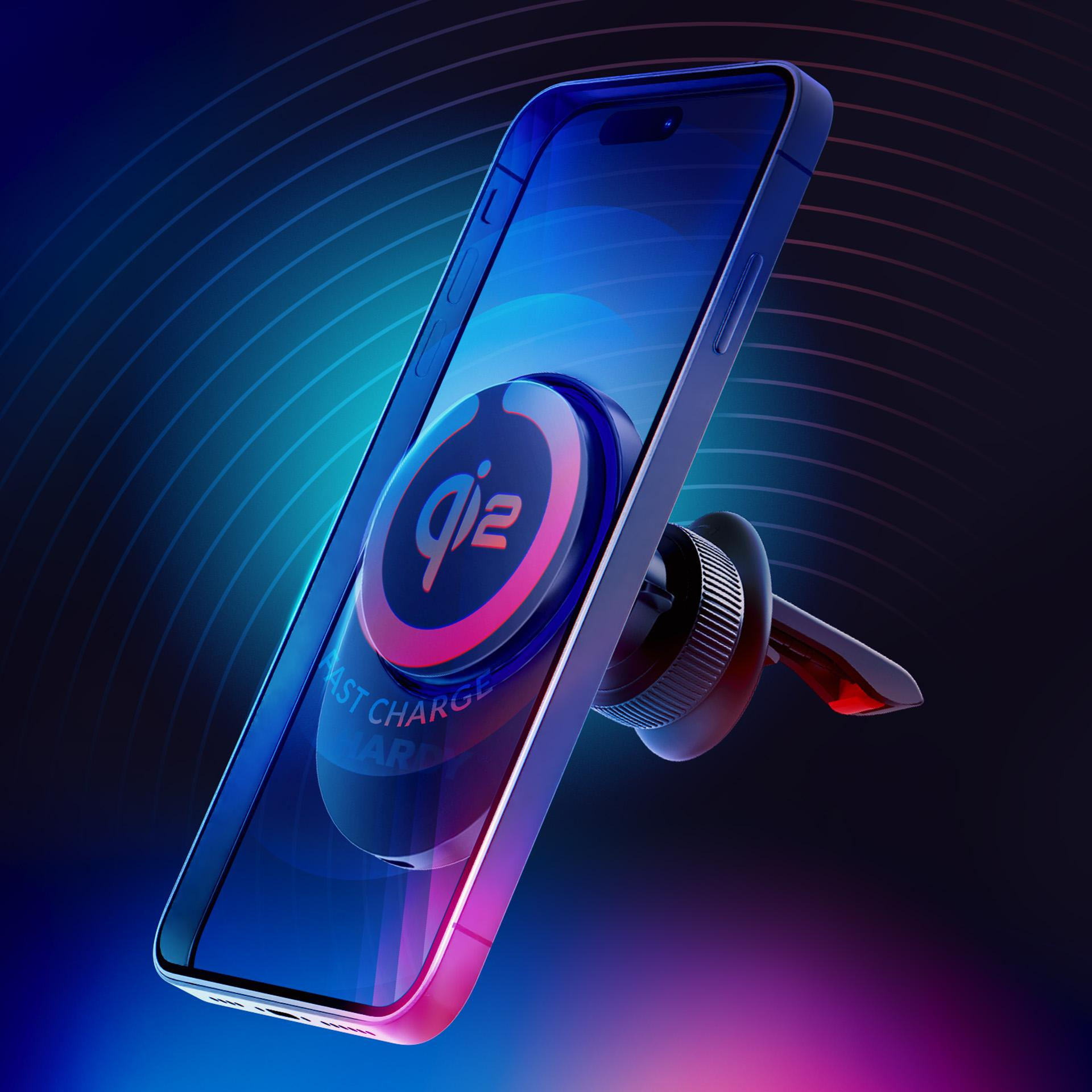 Telefon jest zamontowany na uchwycie wentylacyjnym samochodu. Telefon jest ładowany bezprzewodowo.