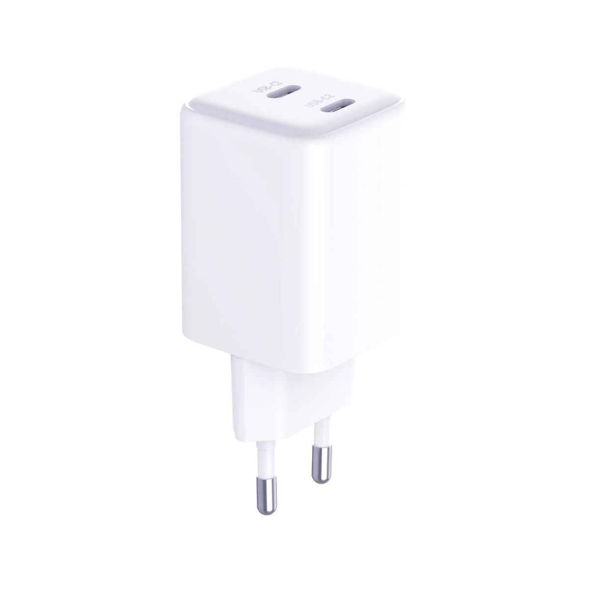 Un caricabatterie da parete 3mk bianco con due porte USB-C su sfondo bianco.