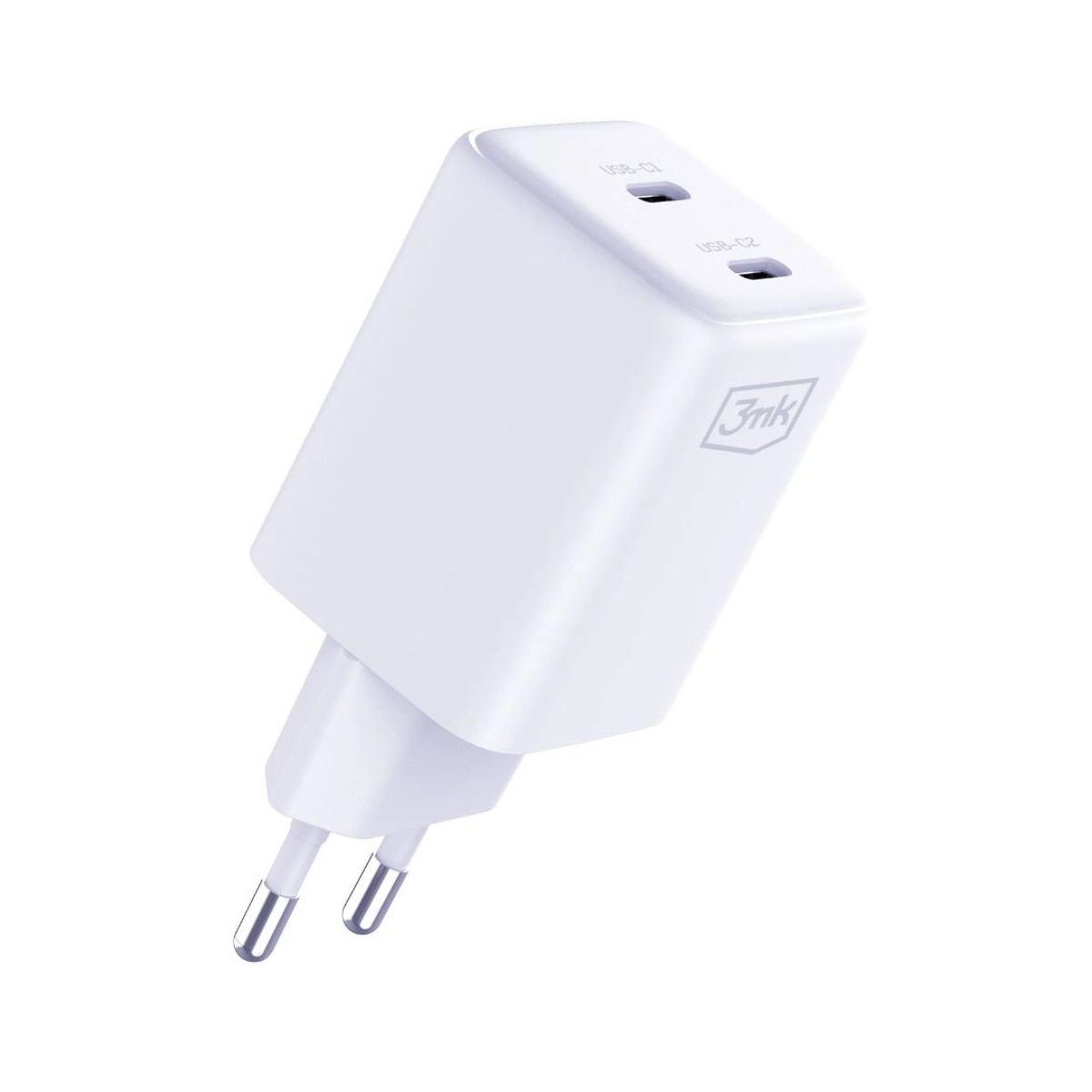 Caricabatterie da parete bianco 3mk con due porte USB-C su sfondo bianco, vista angolata.