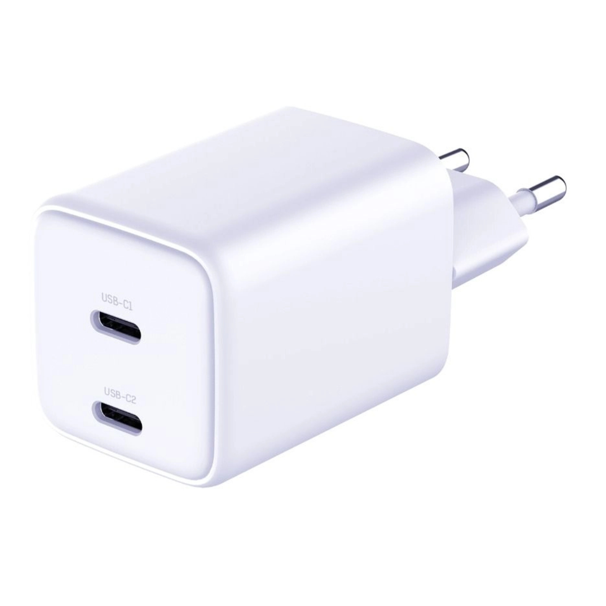 Vista angolata di un caricabatterie da parete 3mk bianco con due porte USB-C su bianco.