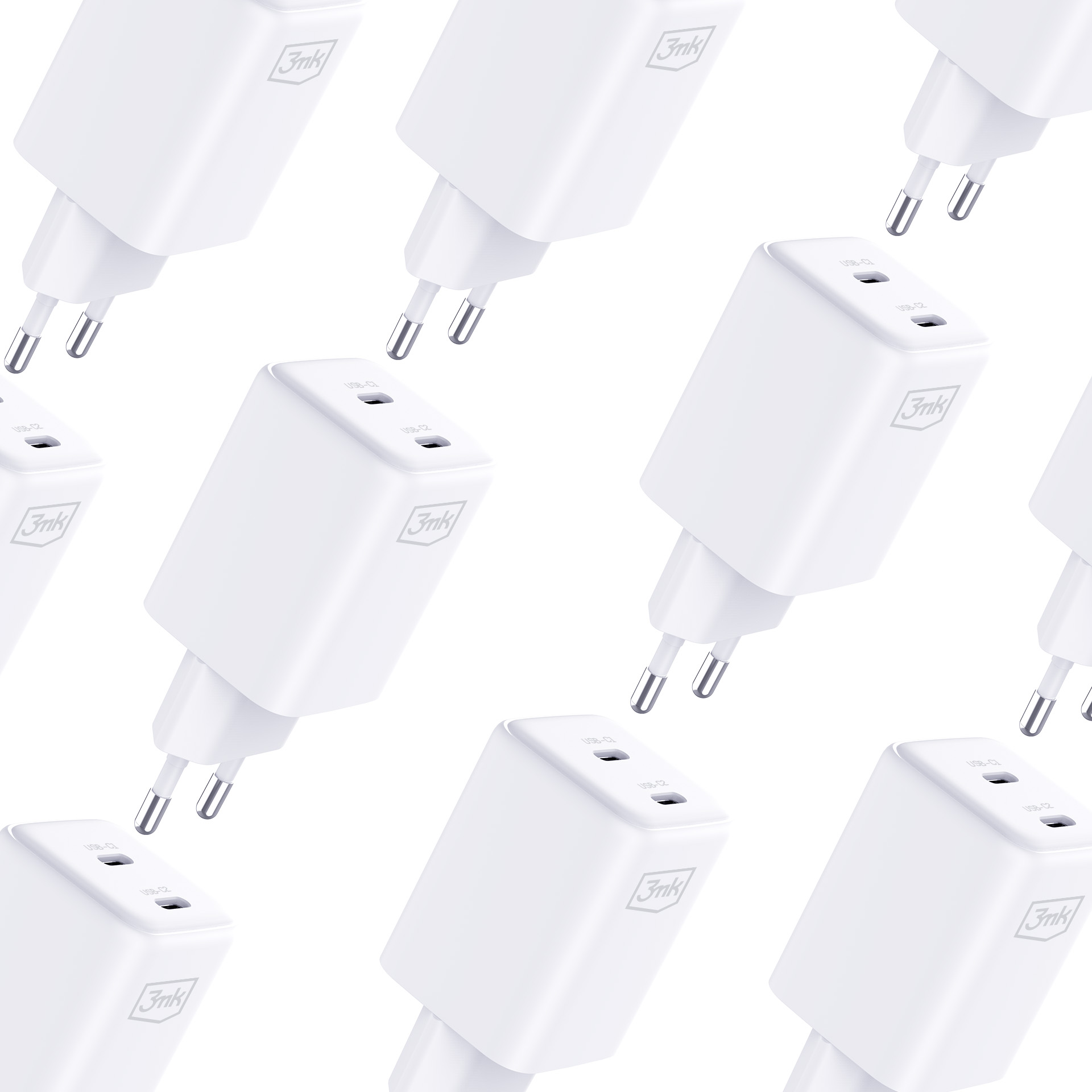 Molteplici caricabatterie da parete bianchi 3mk con due porte USB-C, motivo ripetitivo.