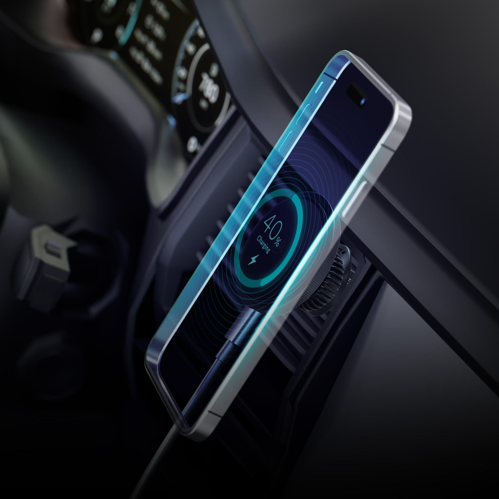 Telefon magnetycznie przymocowany do ładowarki samochodowej 3mk pokazuje 40% naładowania w samochodzie.