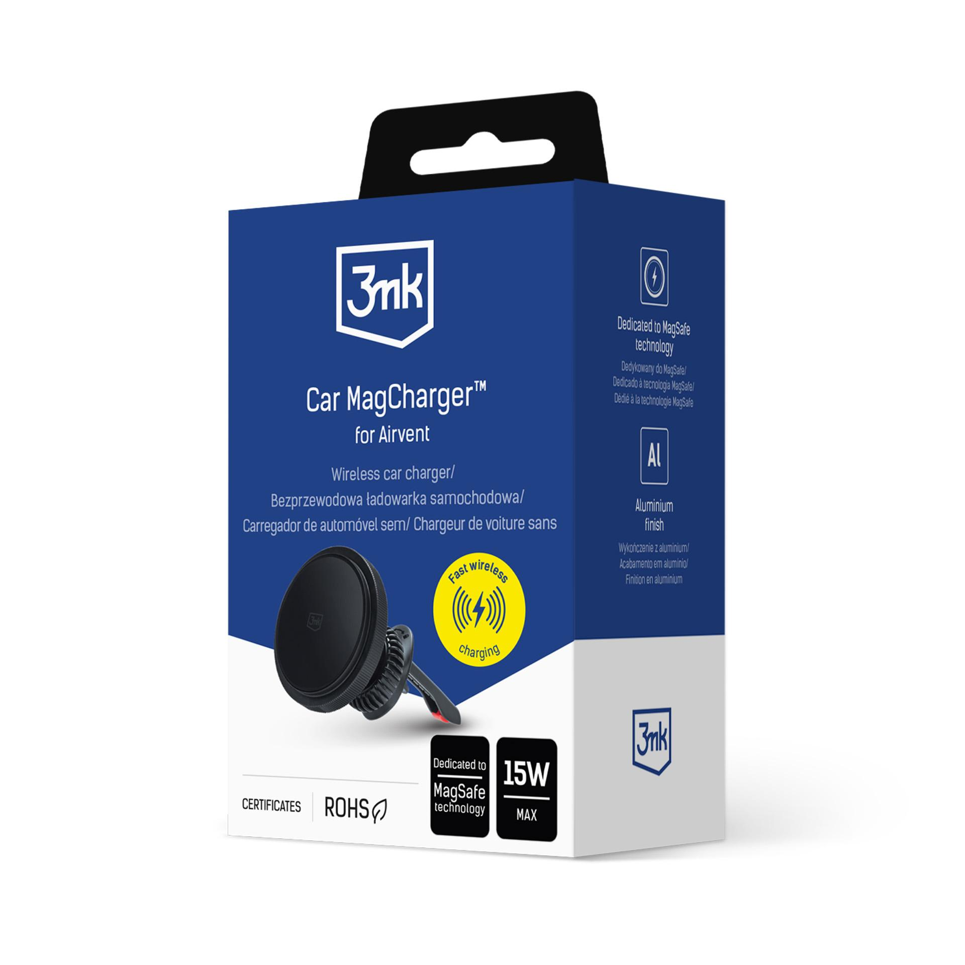 Na zdjęciu widoczne jest pudełko 3mk Car MagCharger z widocznym produktem, na białym tle.