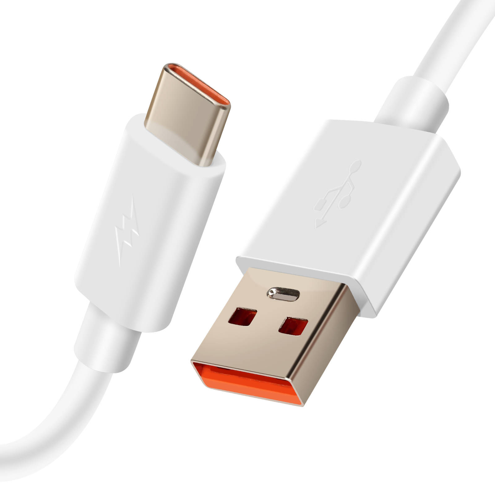 Primo piano di un cavo USB-C bianco e di un connettore USB-A, che mostrano interni arancioni.