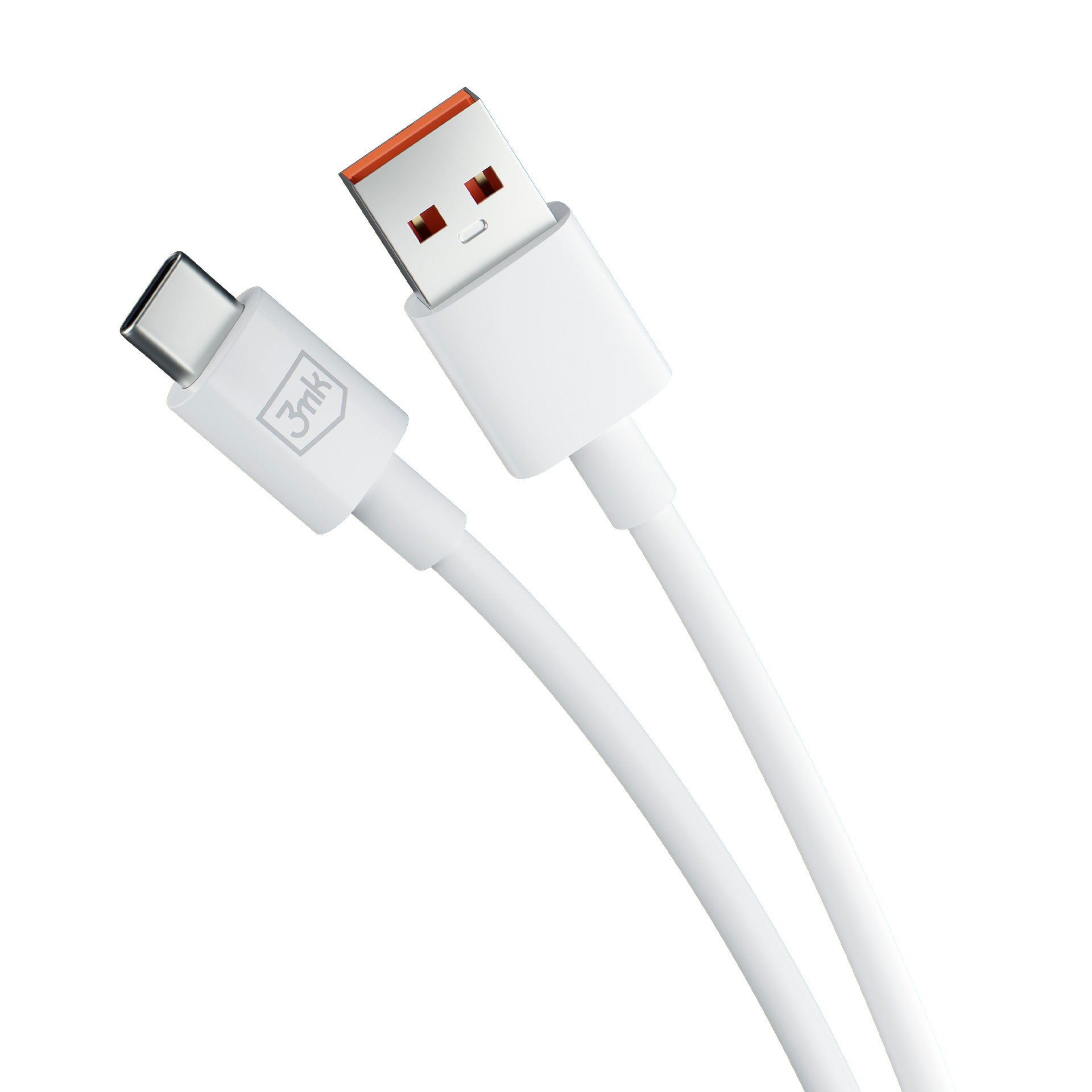 Un cavo USB-C bianco con accenti arancioni sui connettori su uno sfondo bianco.