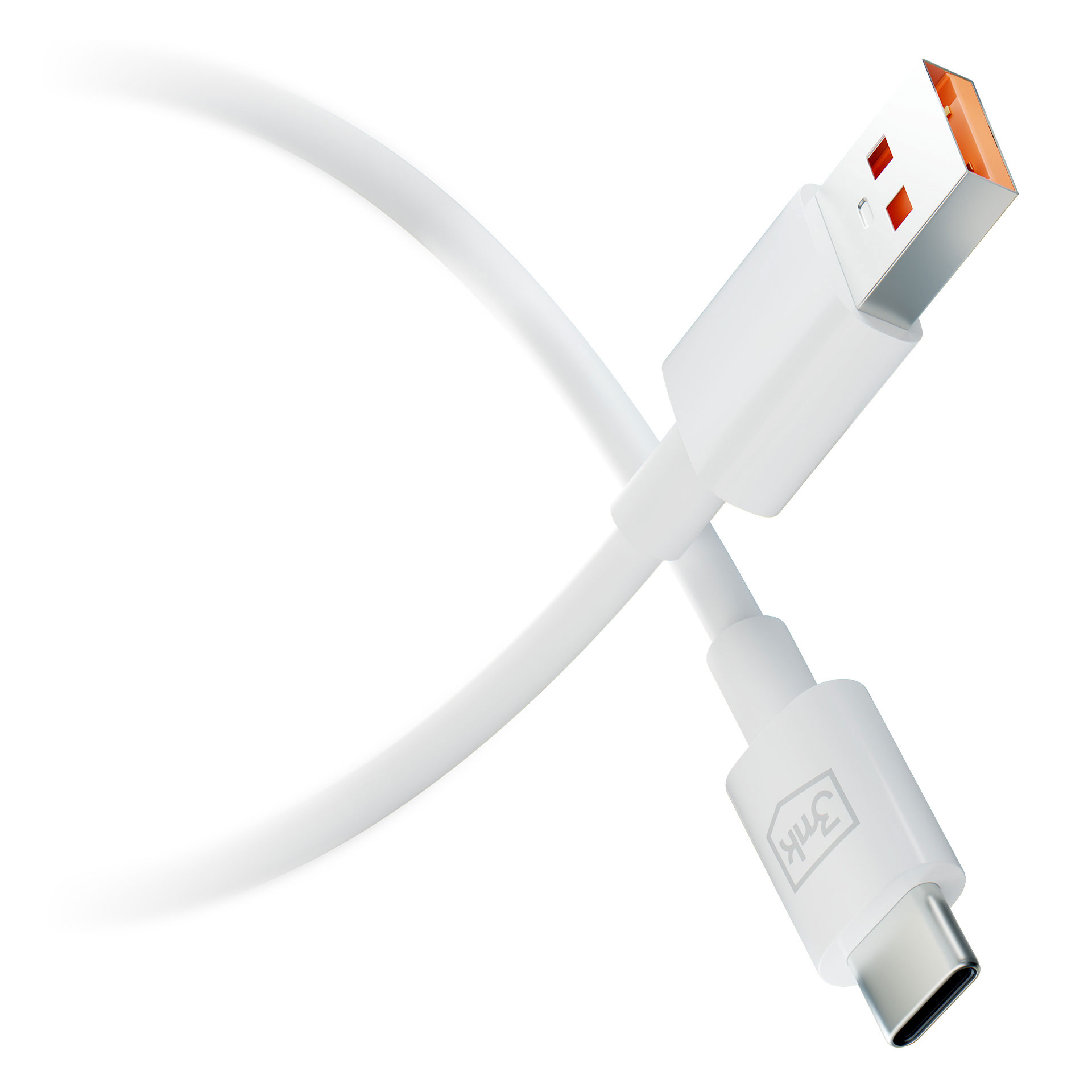 Un cavo USB-C bianco con interno arancione sul connettore USB-A su sfondo bianco.