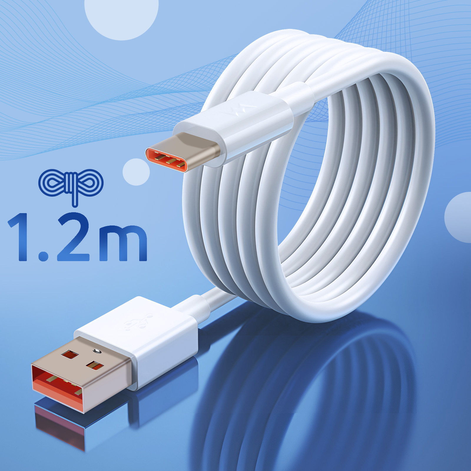 Cavo USB bianco arrotolato su uno sfondo blu, con un connettore USB-C e un USB-A.