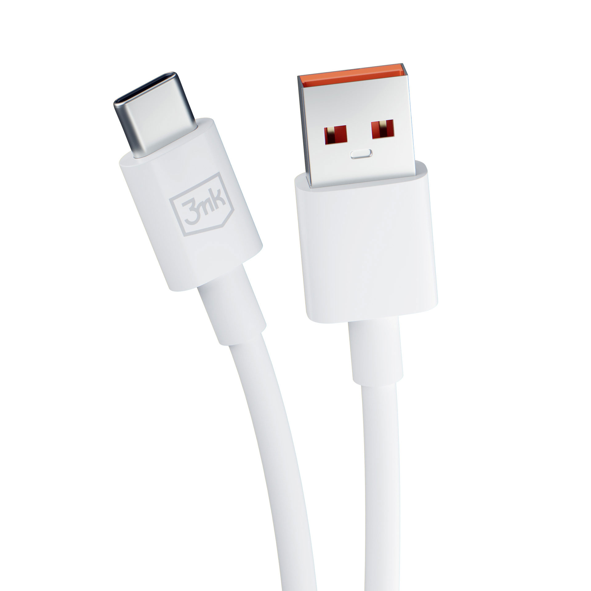 Un cavo di ricarica USB-C bianco con interno arancione sul connettore USB-A su bianco.