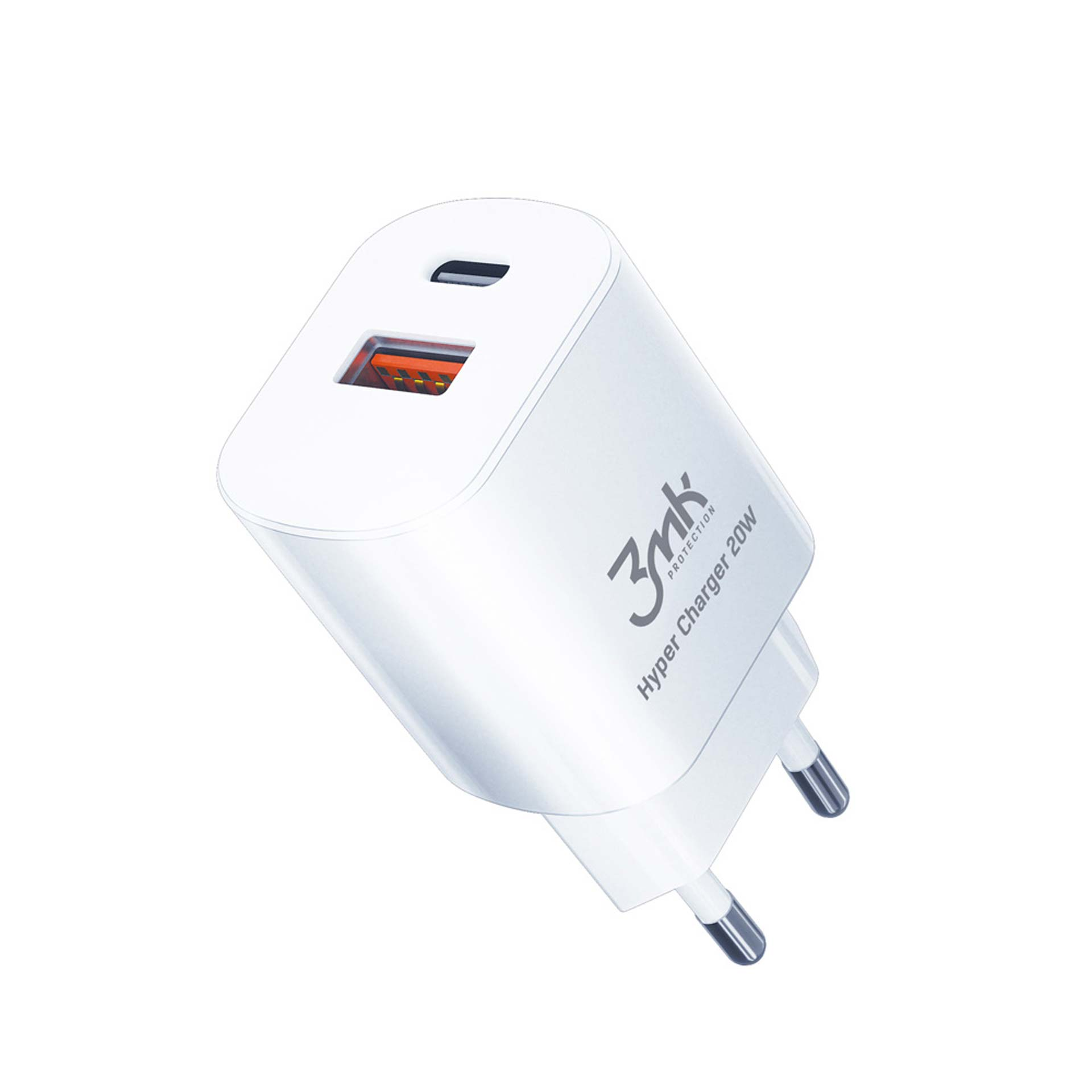 Pochylona, biała ładowarka 3mk Hyper Charger 20W, z portem USB-C.