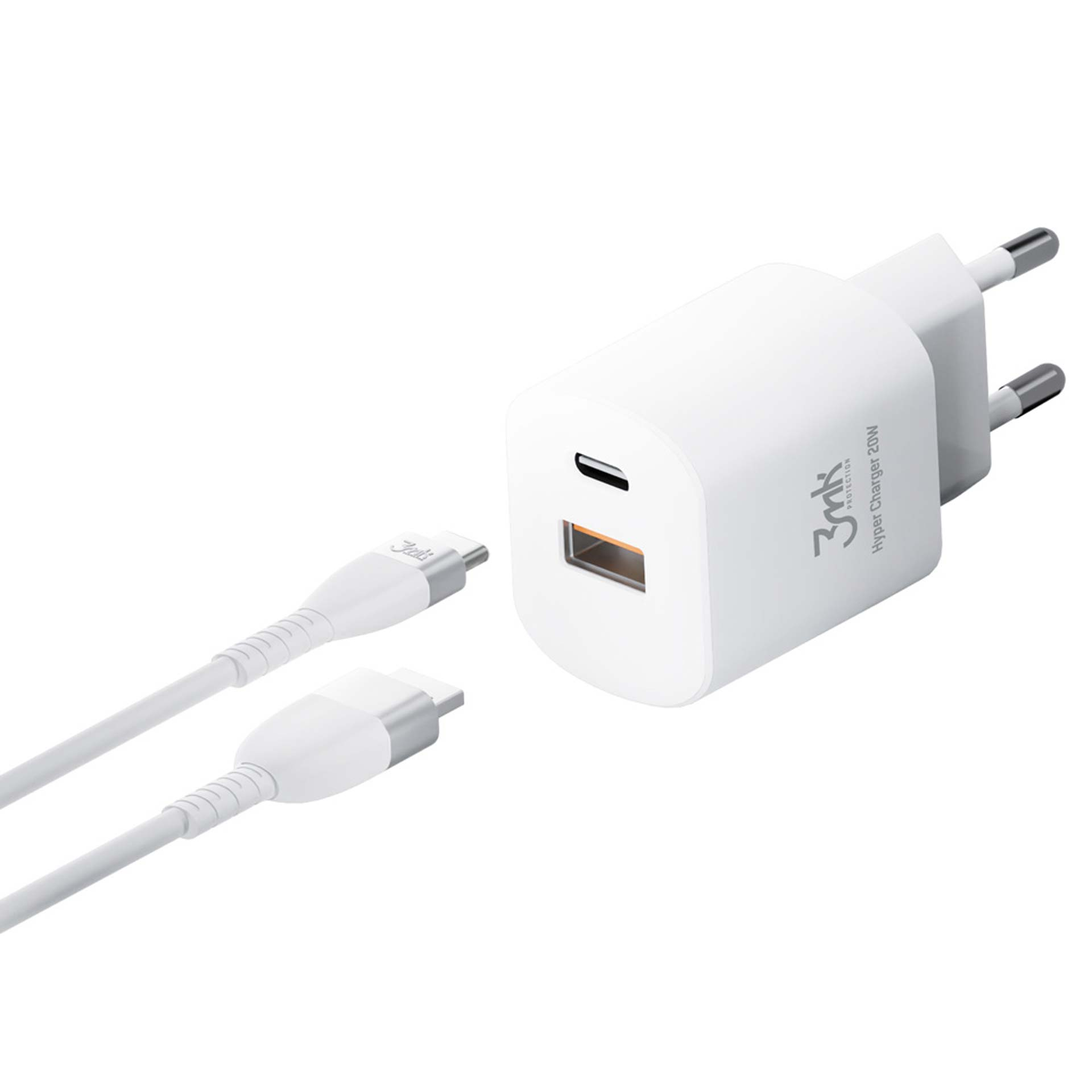 Biała ładowarka 3mk Hyper Charger 20W i biały kabel USB-C na białym tle.