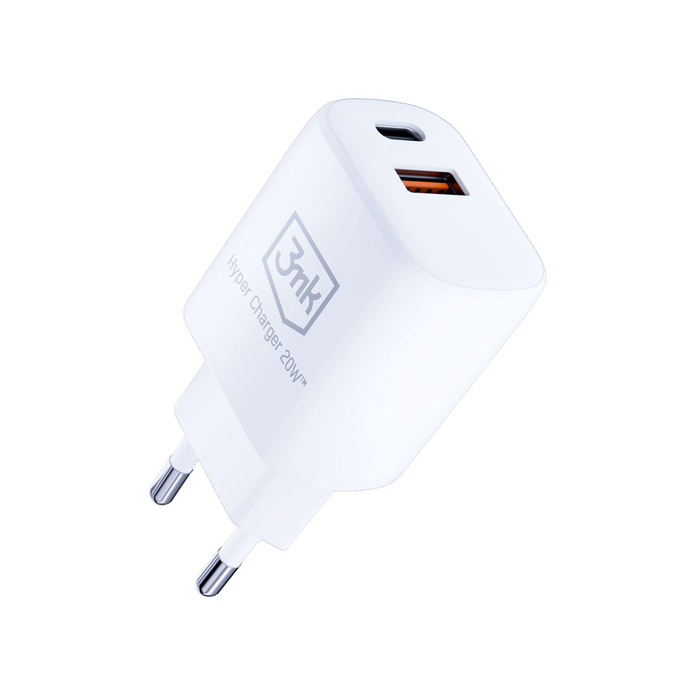 Pochylona biała ładowarka 3mk Hyper Charger 20W, pokazująca porty USB na białym tle.