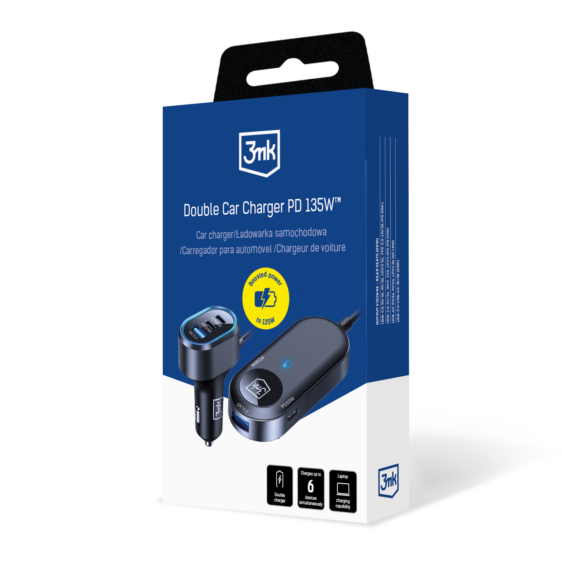 3mk Double Car Charger PD 135W™ w oryginalnym pudełku.
