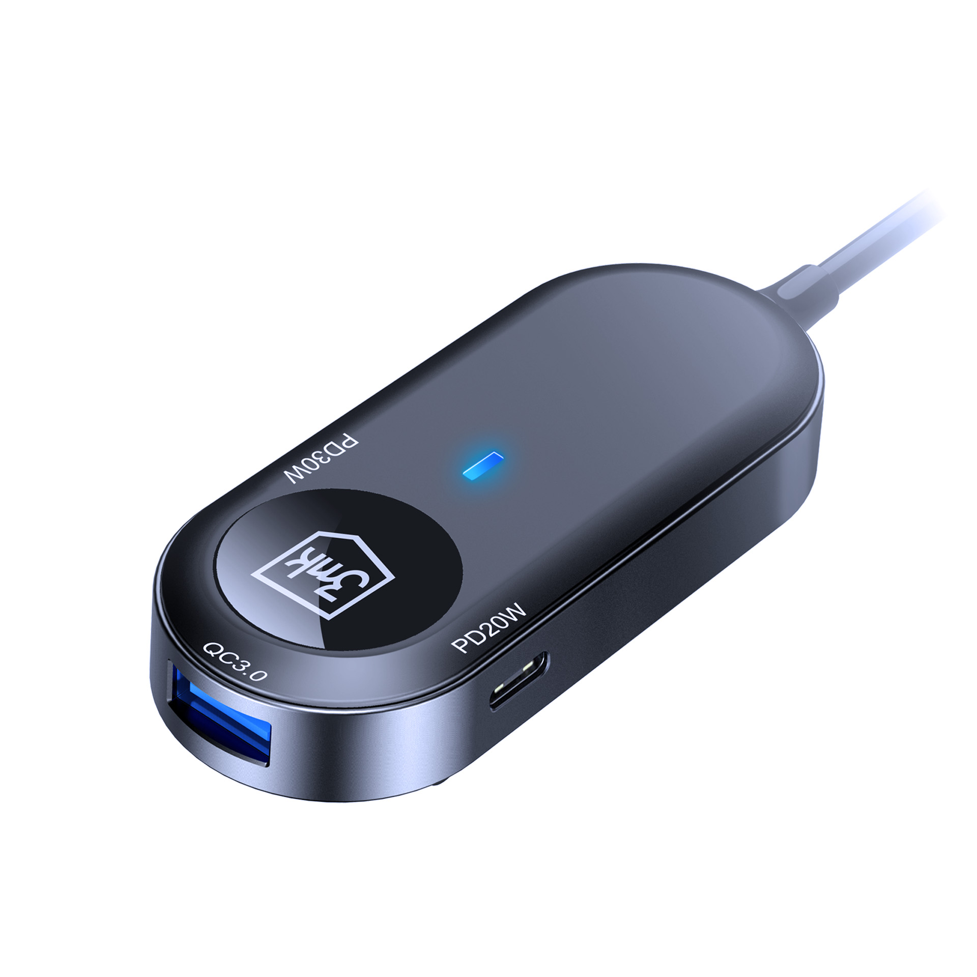 Czarna pojedyncza ładowarka samochodowa 3mk PD 30W™ z niebieskim światłem.