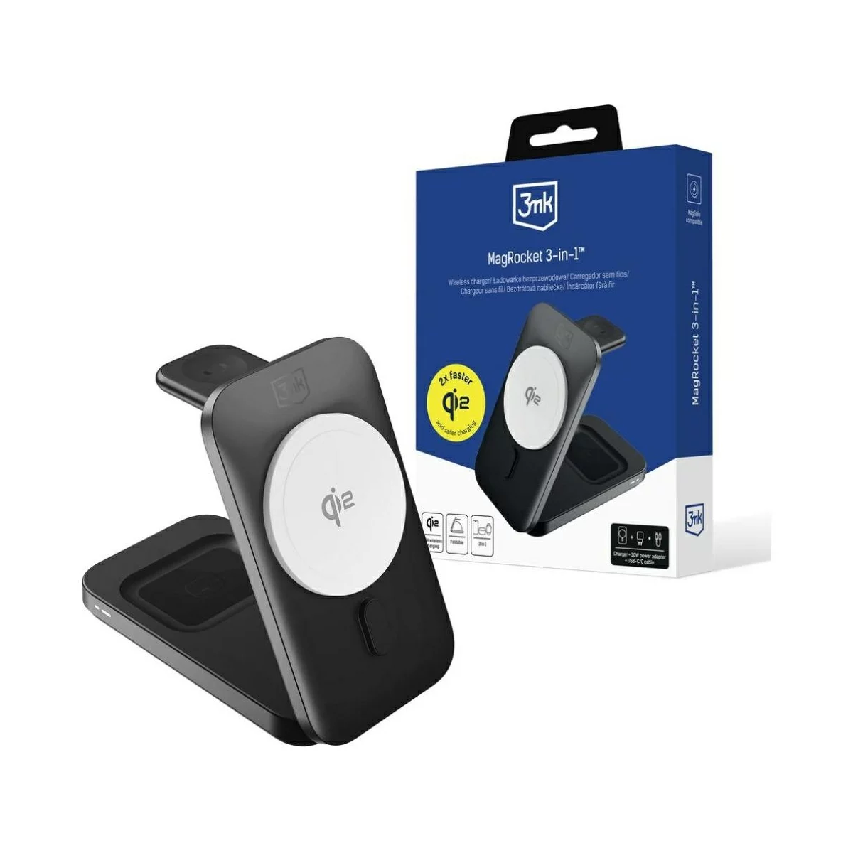 Czarna ładowarka bezprzewodowa z telefonem i pudełkiem na białym tle.