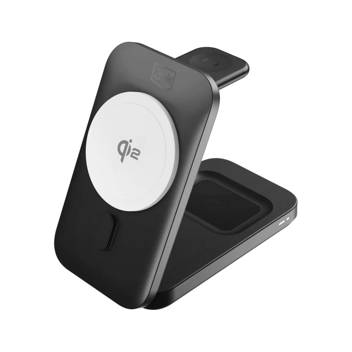 Czarna ładowarka bezprzewodowa z białym okręgiem pośrodku, na białym tle.