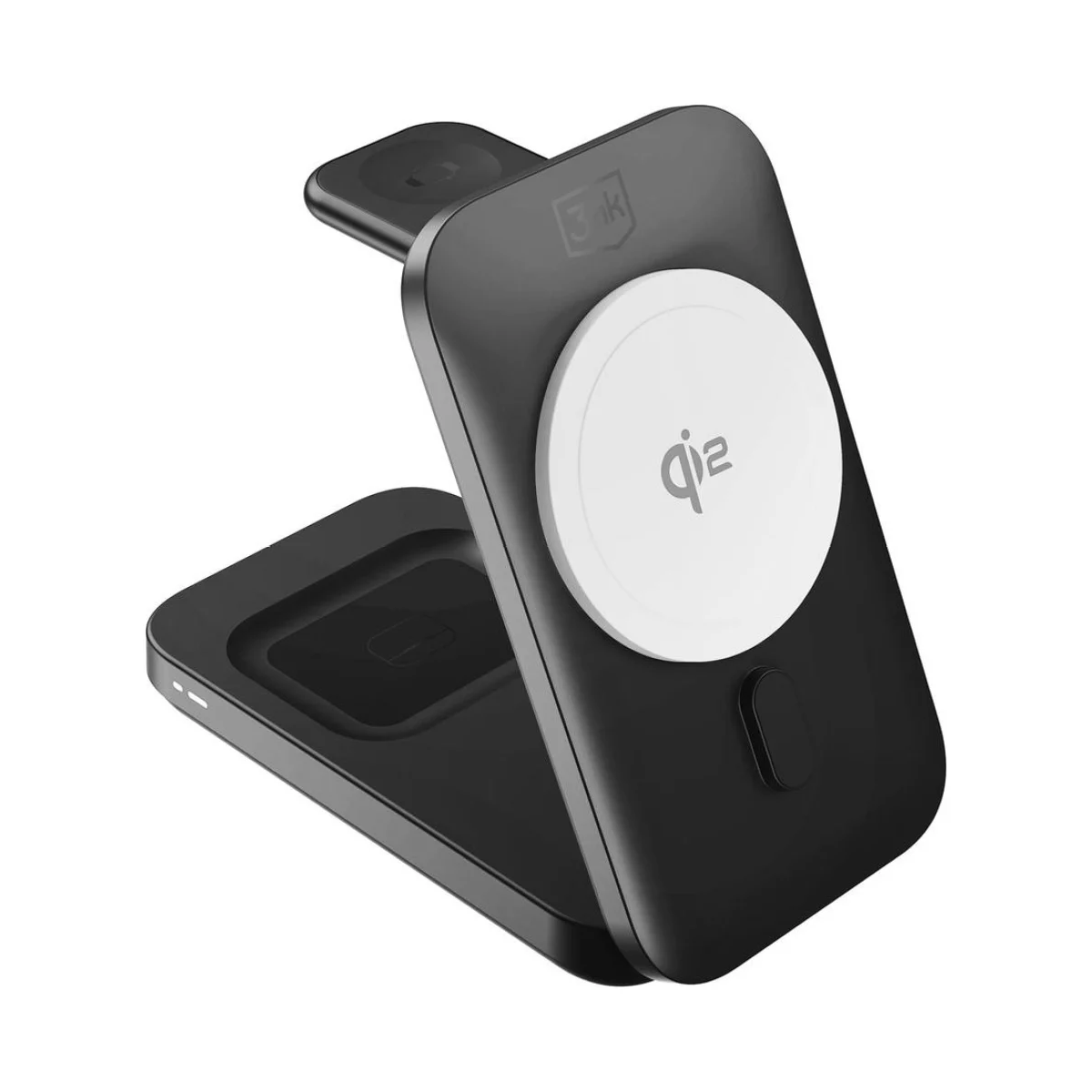 Czarna ładowarka bezprzewodowa z białym okręgiem pośrodku, na białym tle.