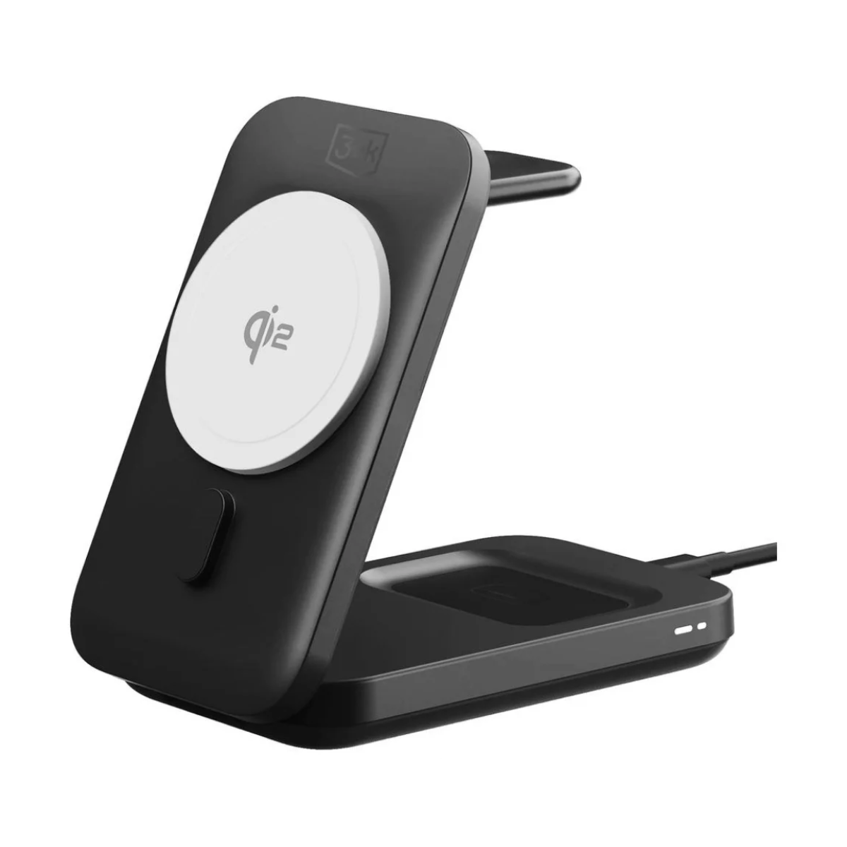 Czarna ładowarka bezprzewodowa z białym okręgiem i czarnym telefonem na niej.