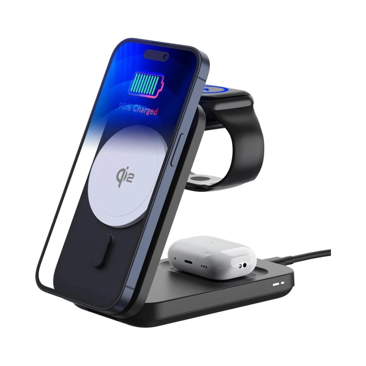 Telefon, zegarek i słuchawki ładują się na czarnym, bezprzewodowym stojaku ładującym.