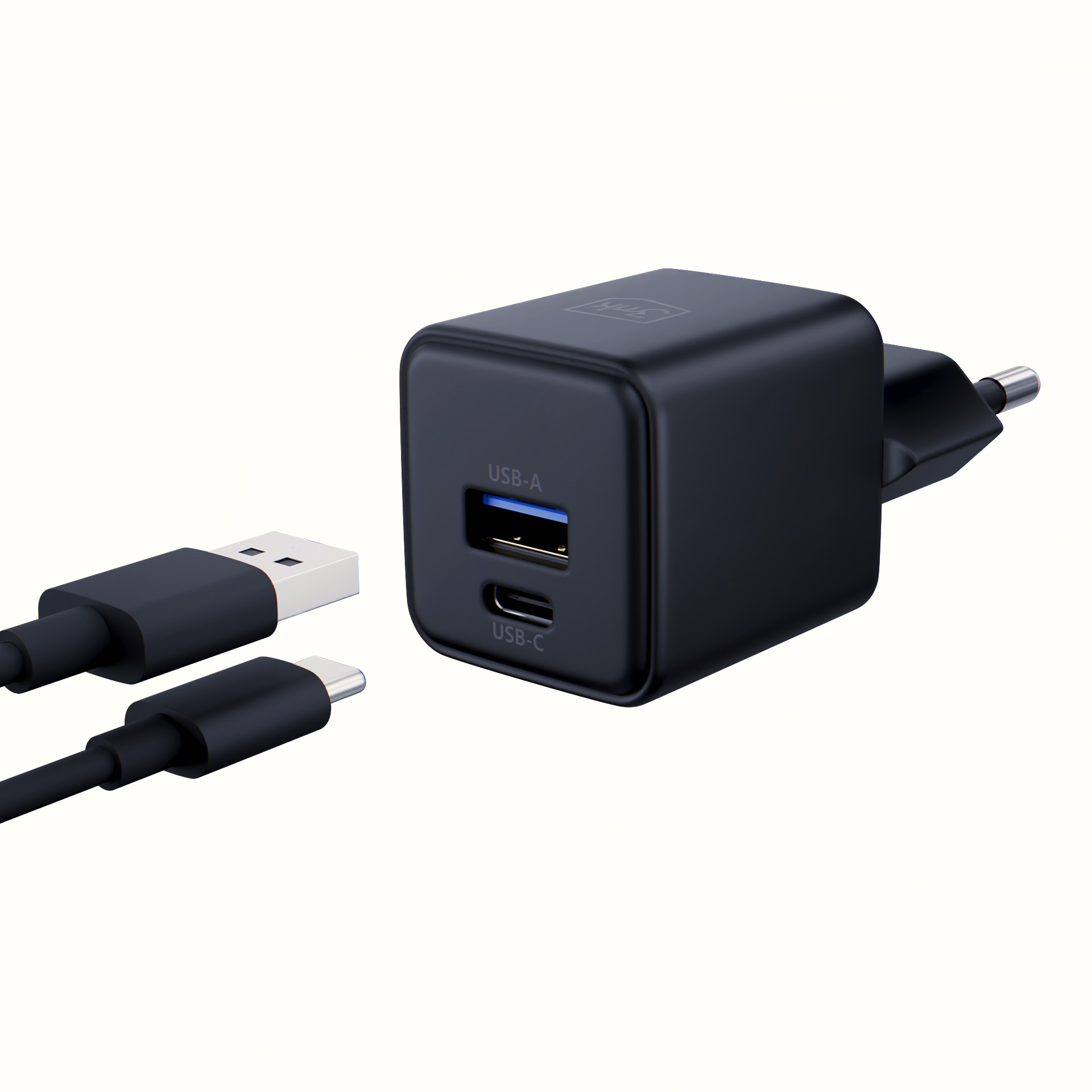 Czarna ładowarka z kablami, z portami USB-A i USB-C.