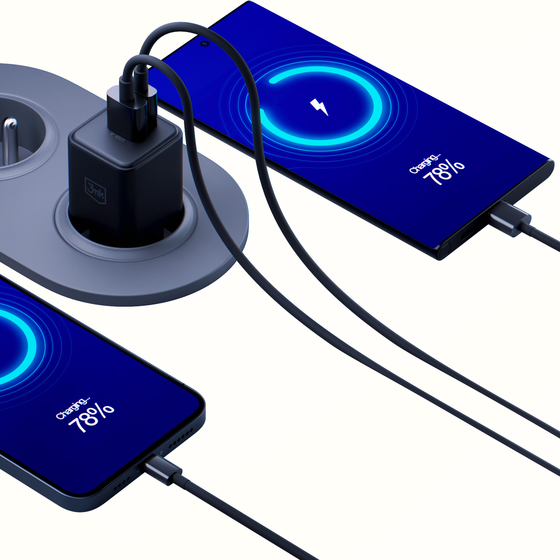 Dwa telefony ładują się na czarnej stacji ładującej, z 78% baterii.