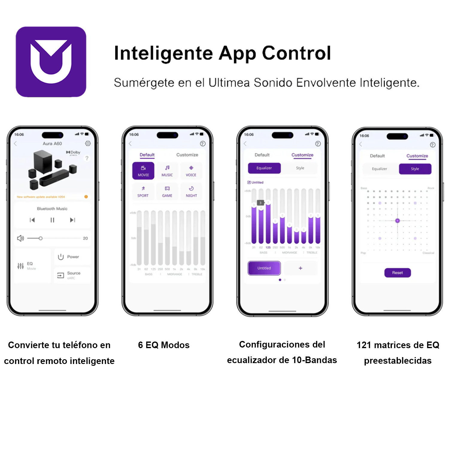 La imagen muestra cuatro pantallas de teléfonos inteligentes que muestran una interfaz de aplicación con ajustes de audio.