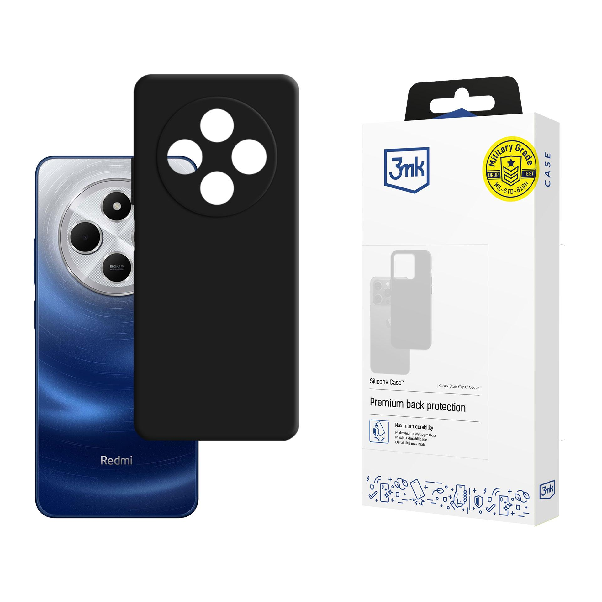 Czarny telefon z czarnym etui i pudełkiem. Telefon ma aparat i logo Redmi.