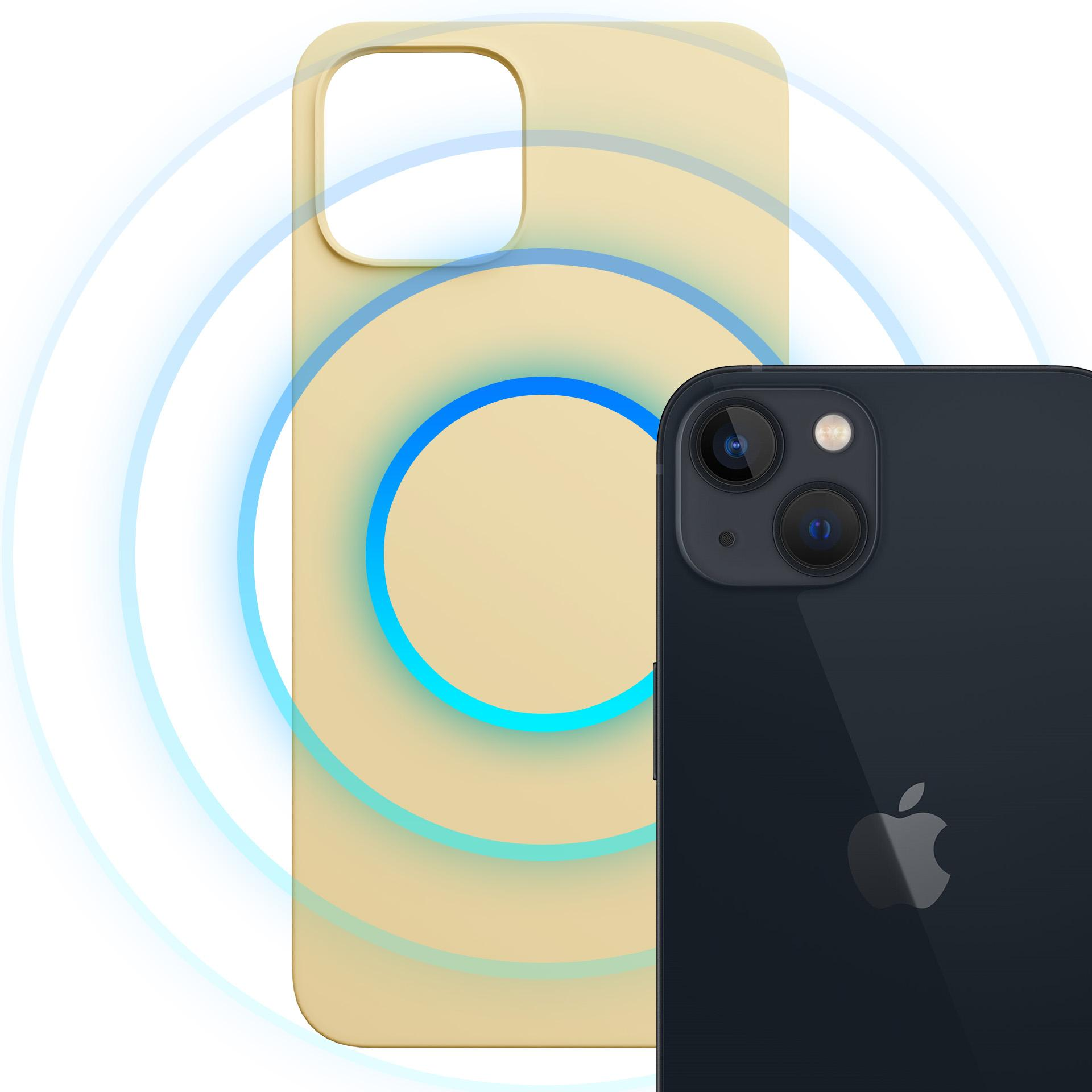 iPhone 13 w kolorze północnym ładuje się bezprzewodowo z kremowym etui na telefon.