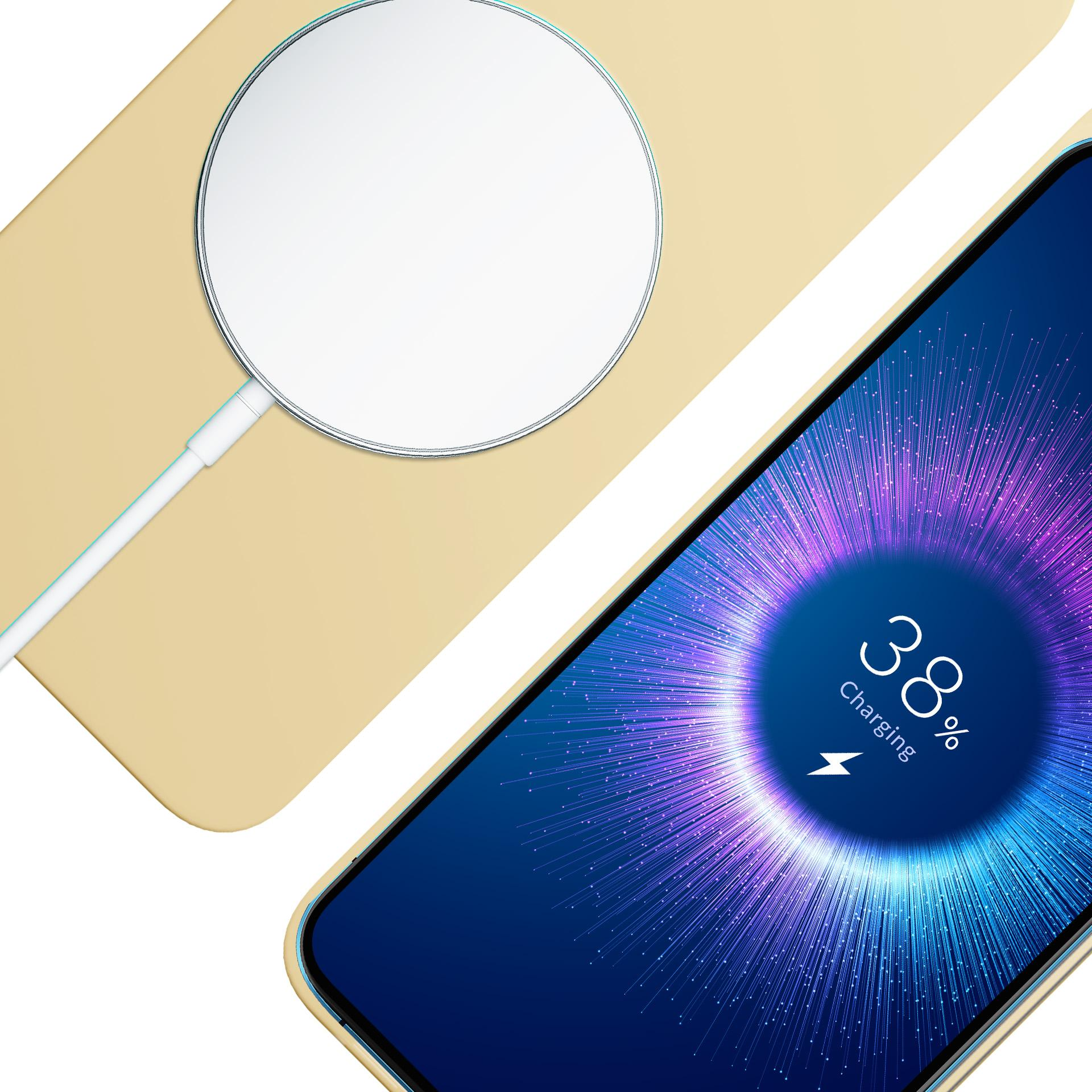 iPhone ładuje się bezprzewodowo z kremowym etui na telefon, pokazując 38% naładowania.