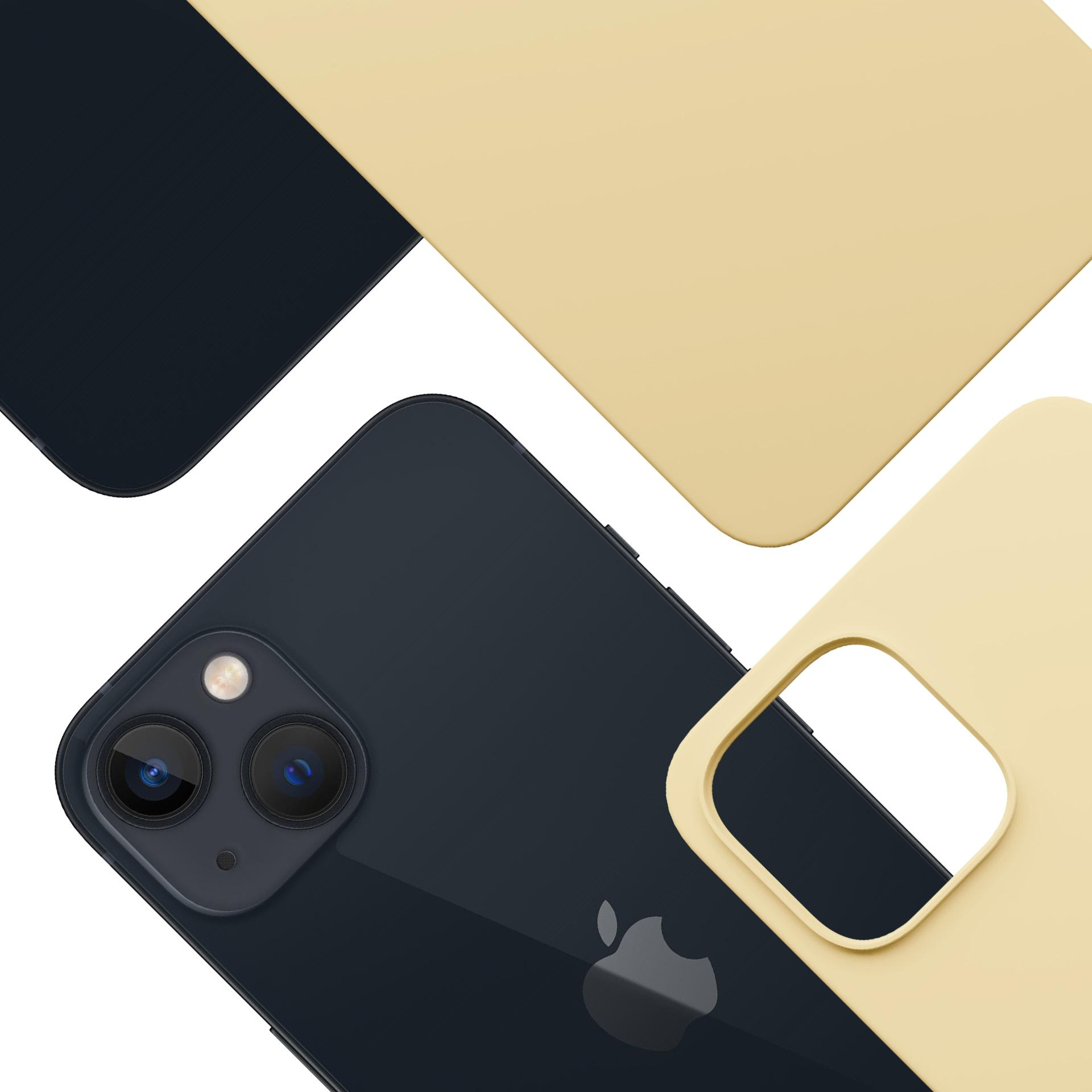 Widok z góry na telefon i dwa etui, jedno czarne, drugie żółte. Telefon ma dwa aparaty i logo.