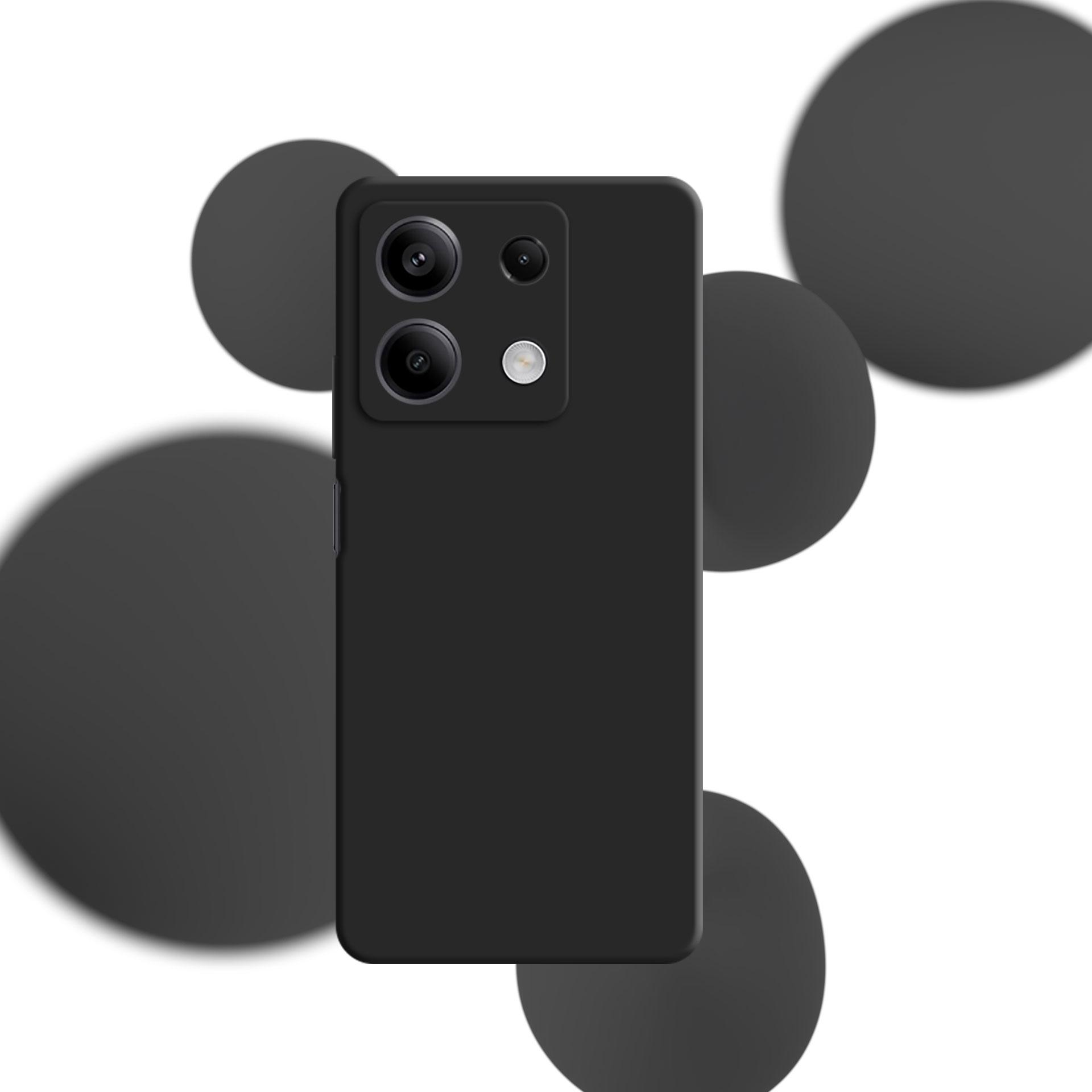 Czarny telefon z czarnym etui. Telefon otoczony sześcioma czarnymi okręgami na białym tle.