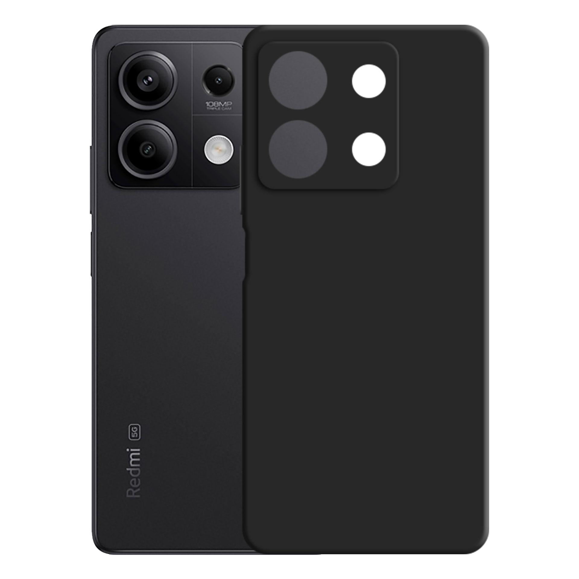 Czarny telefon z etui. Telefon ma aparaty i logo. Etui ma wycięcia na aparat. Białe tło.