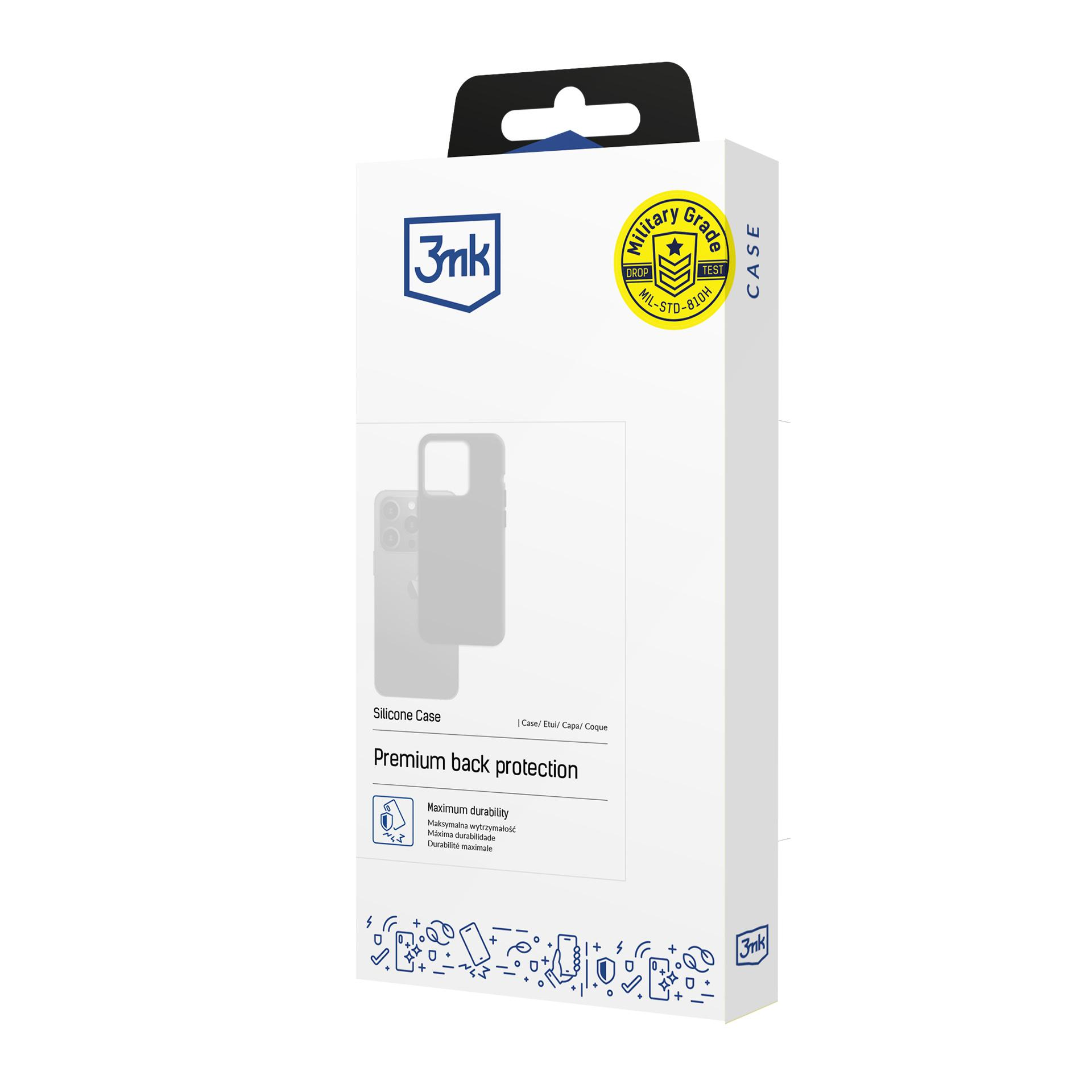 Pudełko na silikonowe etui na białym tle.