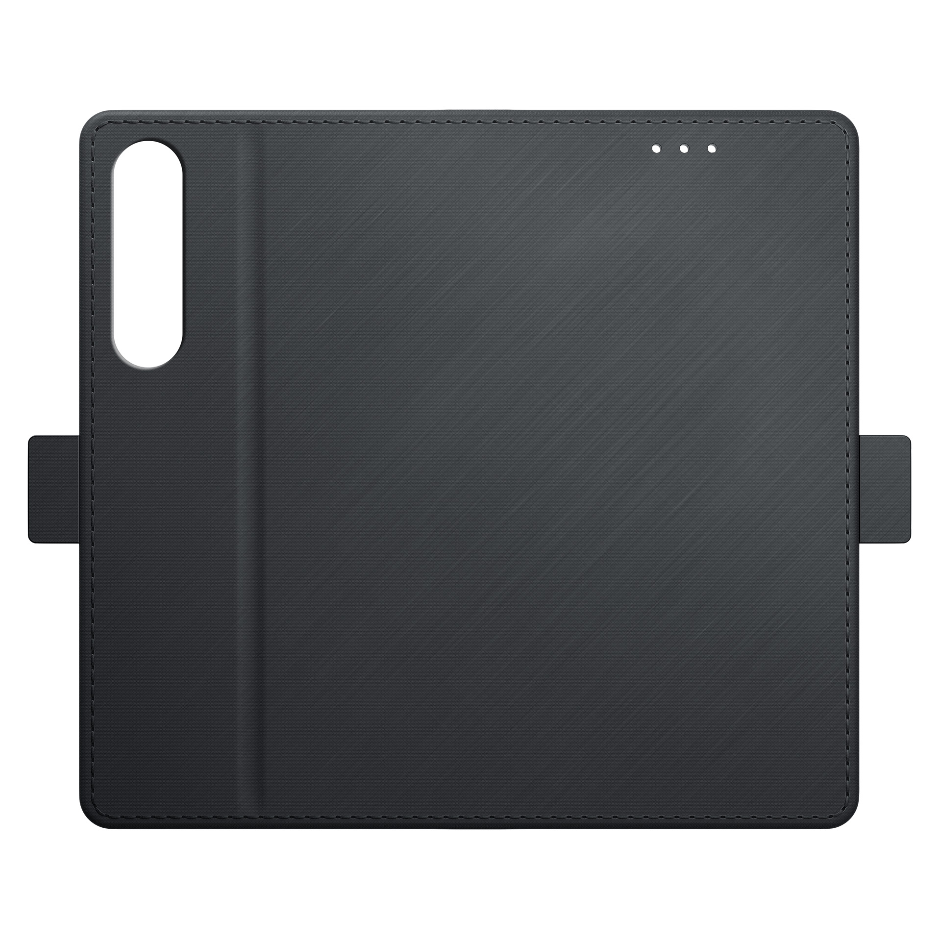 Zamknięte czarne etui portfelowe na białym tle.