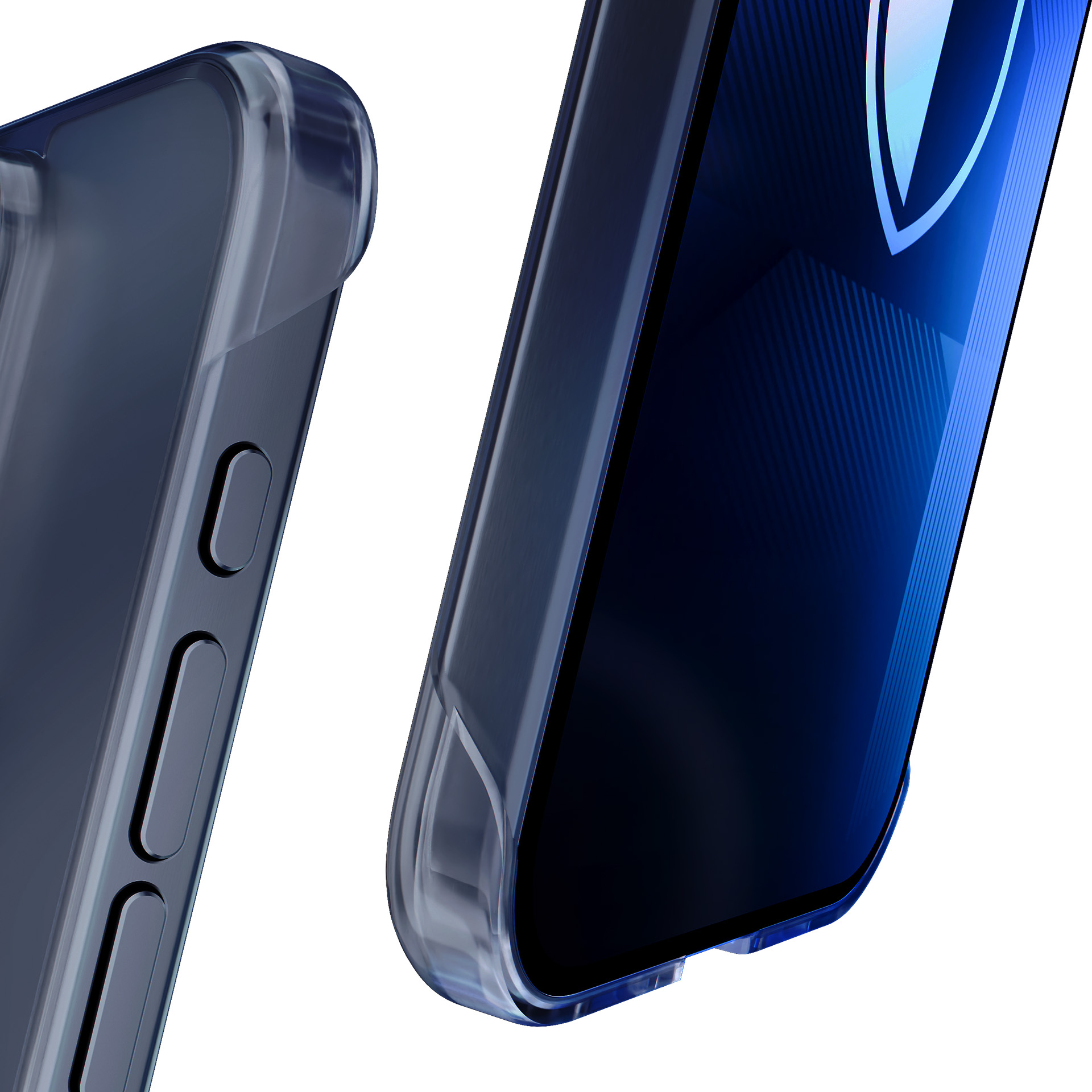 Dwa etui na telefon, jedno z widocznymi przyciskami bocznymi. Oba etui są przezroczyste.