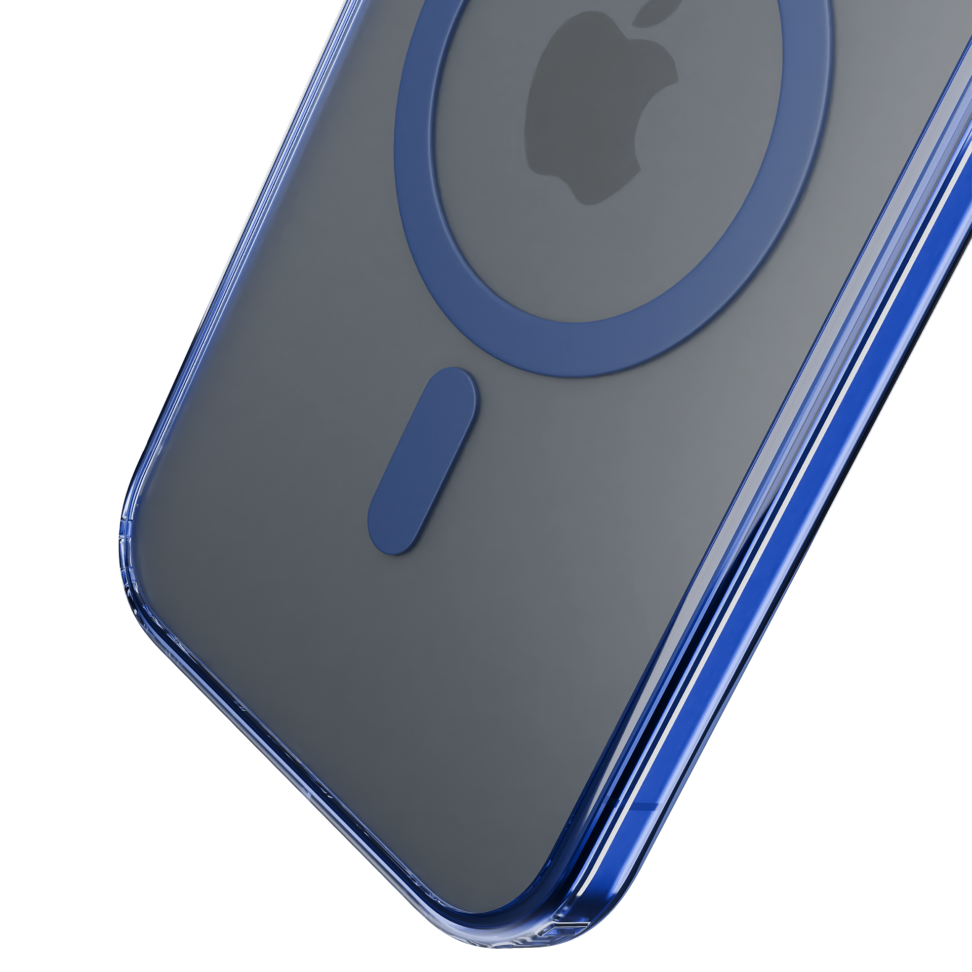 Zbliżenie przezroczystego etui na telefon z niebieskimi krawędziami, podkreślające konstrukcję MagSafe i ochronę narożników.