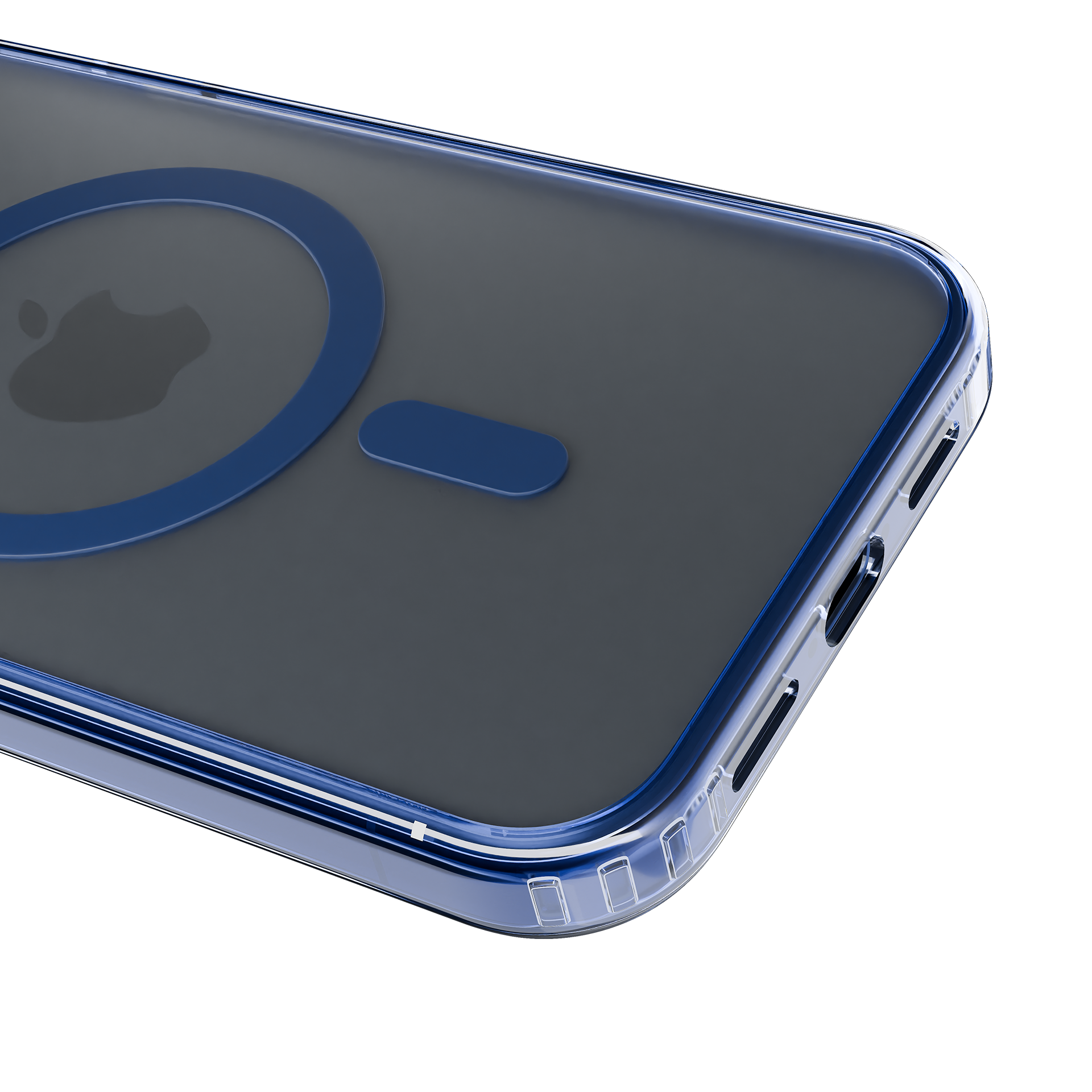 Zbliżenie na etui na telefon z niebieską ramką. Etui ma przezroczysty środek i ciemne logo Apple.