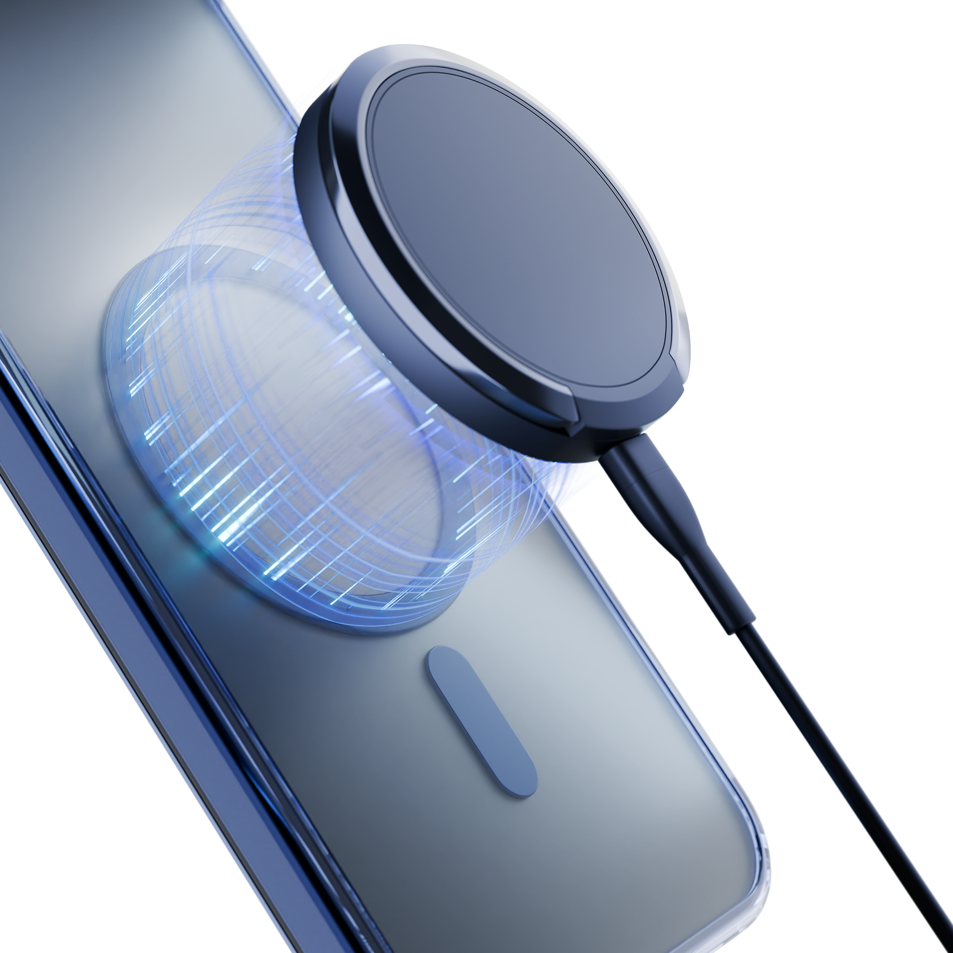 Etui na telefon ładuje się na ładowarce bezprzewodowej. Etui jest przezroczyste z niebieską ramką. Białe tło.