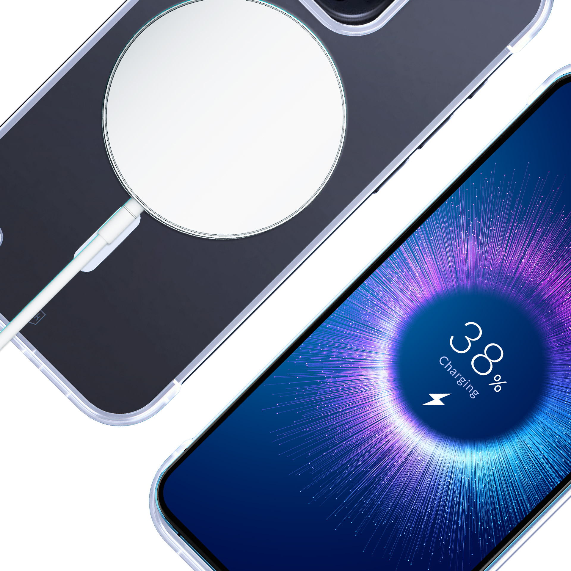 Telefon ładujący się bezprzewodowo. Telefon jest w etui. Ekran pokazuje ładowanie w 38%.