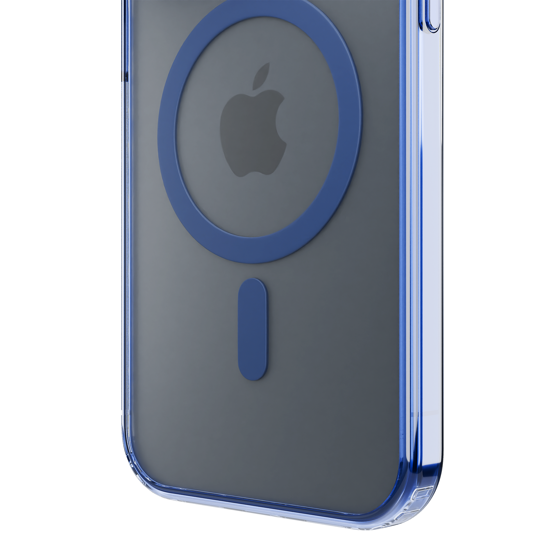 Etui na telefon z niebieską ramką. Etui ma przezroczysty środek i logo Apple.