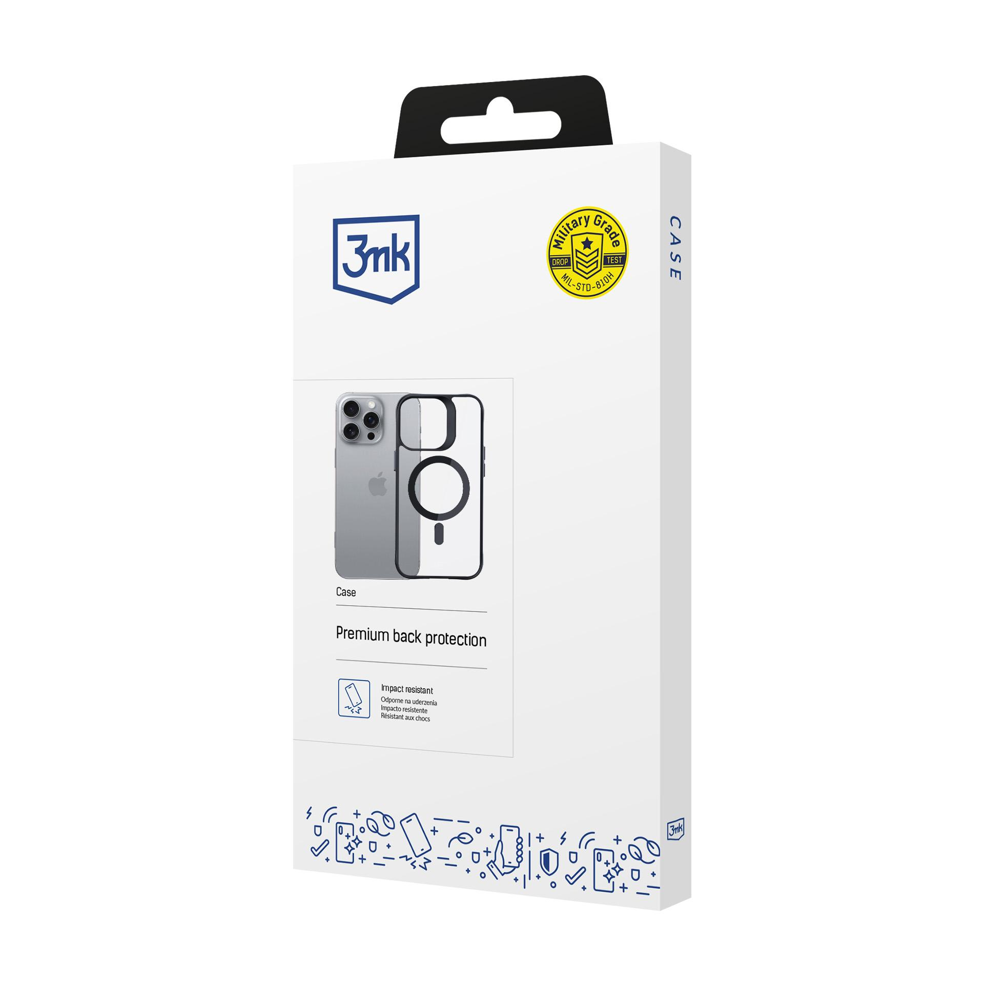 Pudełko na etui na telefon. Wyświetla telefon z etui. Białe tło.
