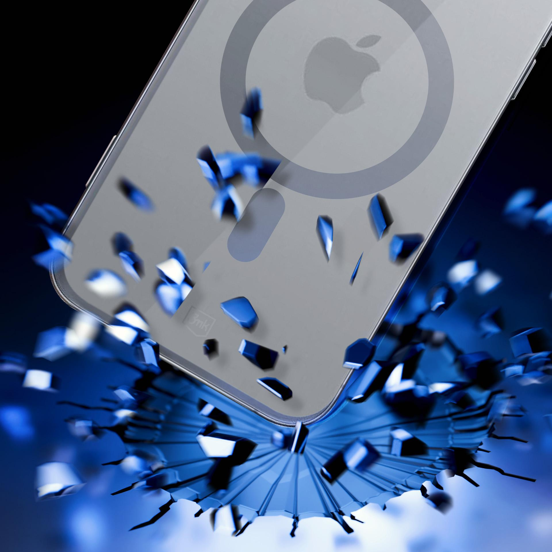Etui na telefon jest uderzane. Tło jest niebieskie i rozbite. Logo Apple jest widoczne.