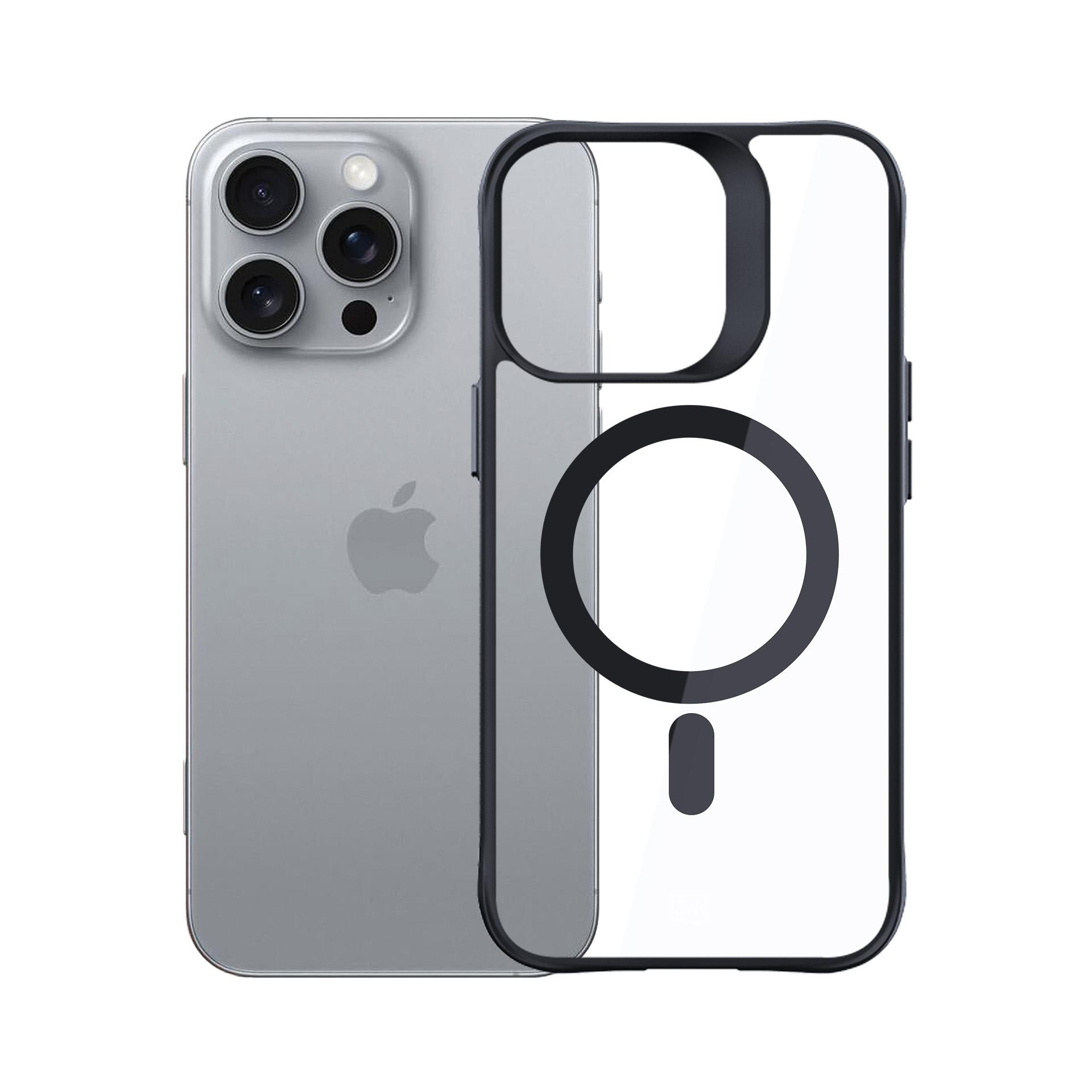Obraz przedstawia srebrnego iPhone'a z przezroczystym etui, odsłaniającym pierścień MagSafe.