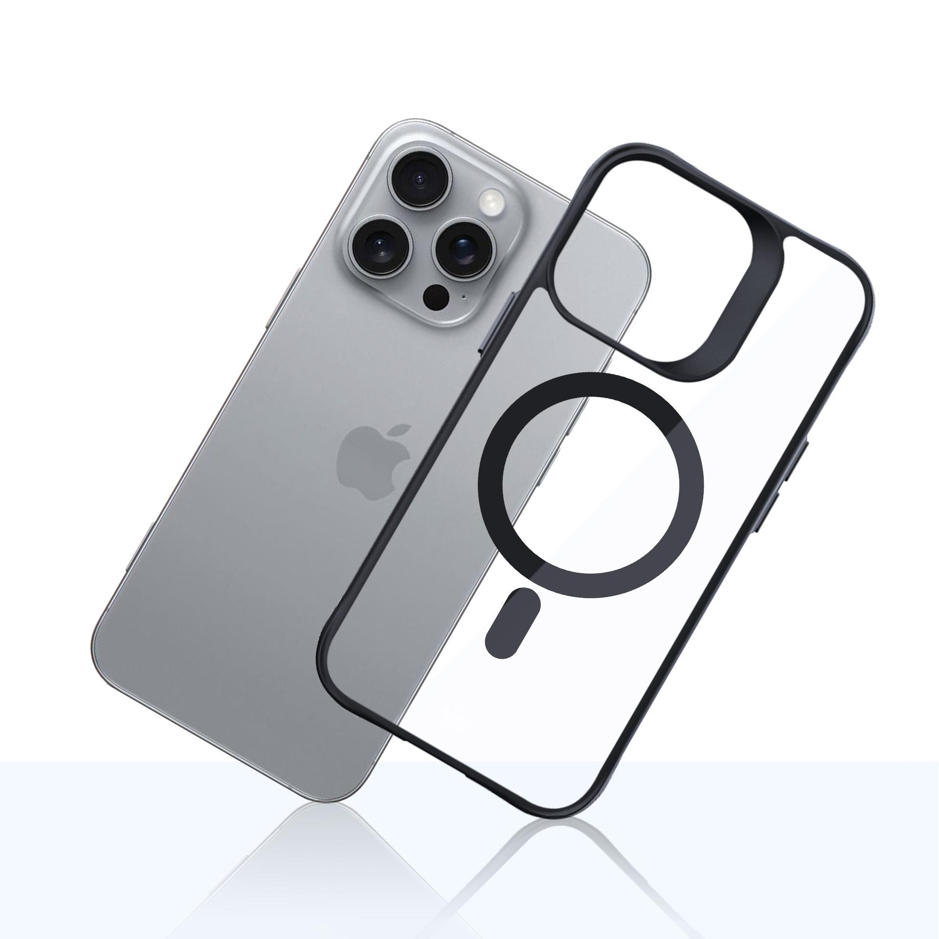 Srebrny iPhone leży obok przezroczystego etui z czarnym pierścieniem MagSafe.
