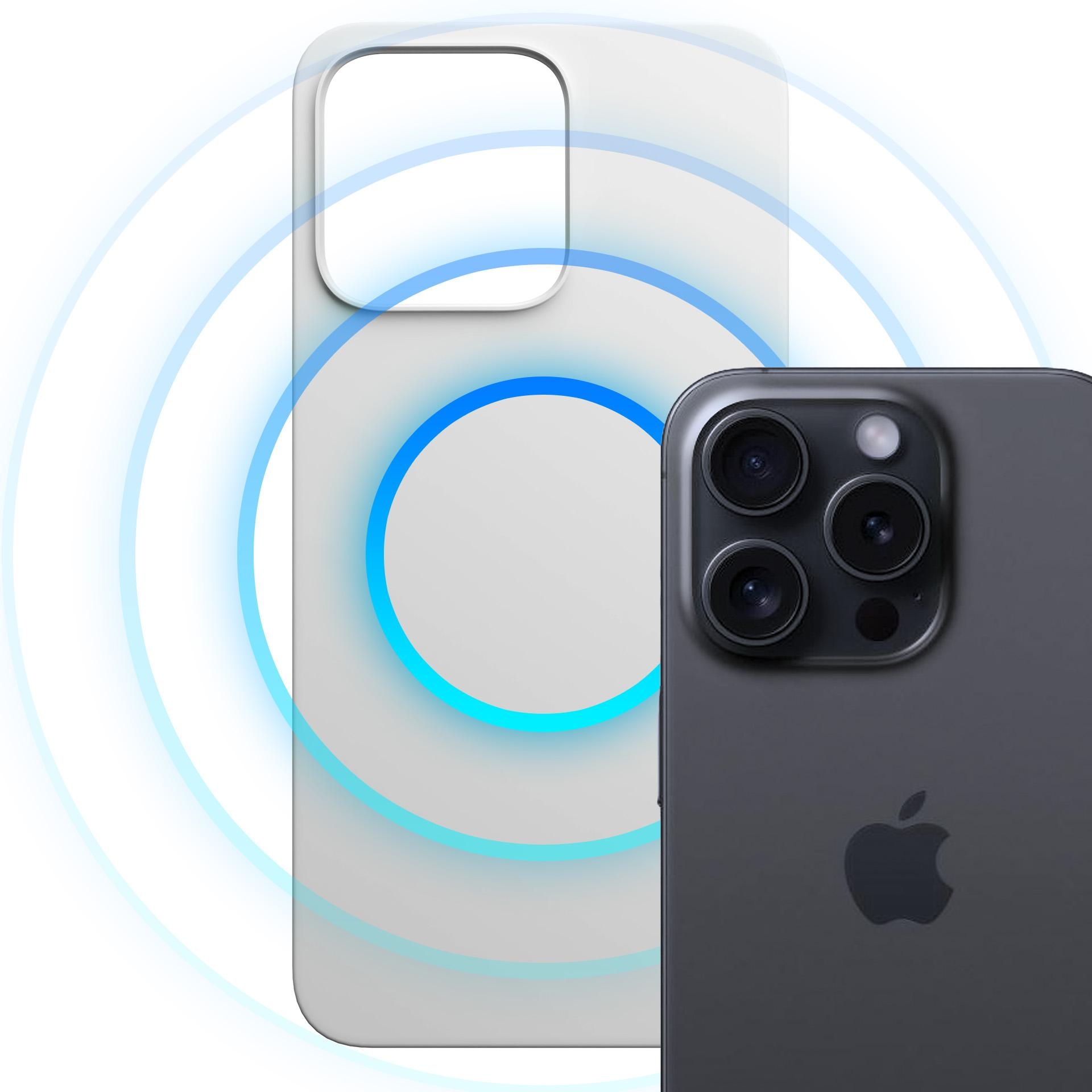 Szary telefon obok białego etui z grafiką ładowania bezprzewodowego.