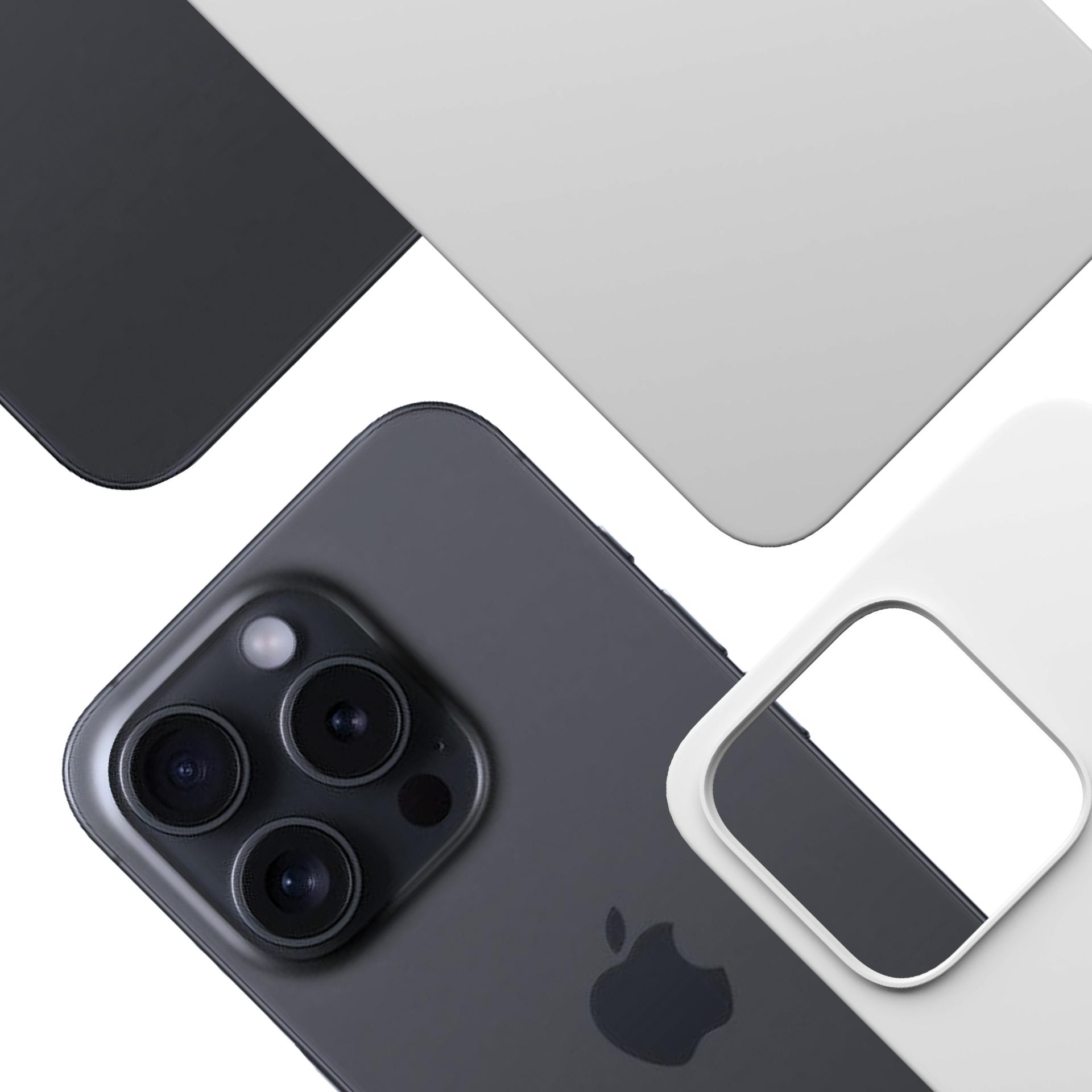 Widok z góry na telefon z białą obudową i telefon z czarną obudową. Białe tło.