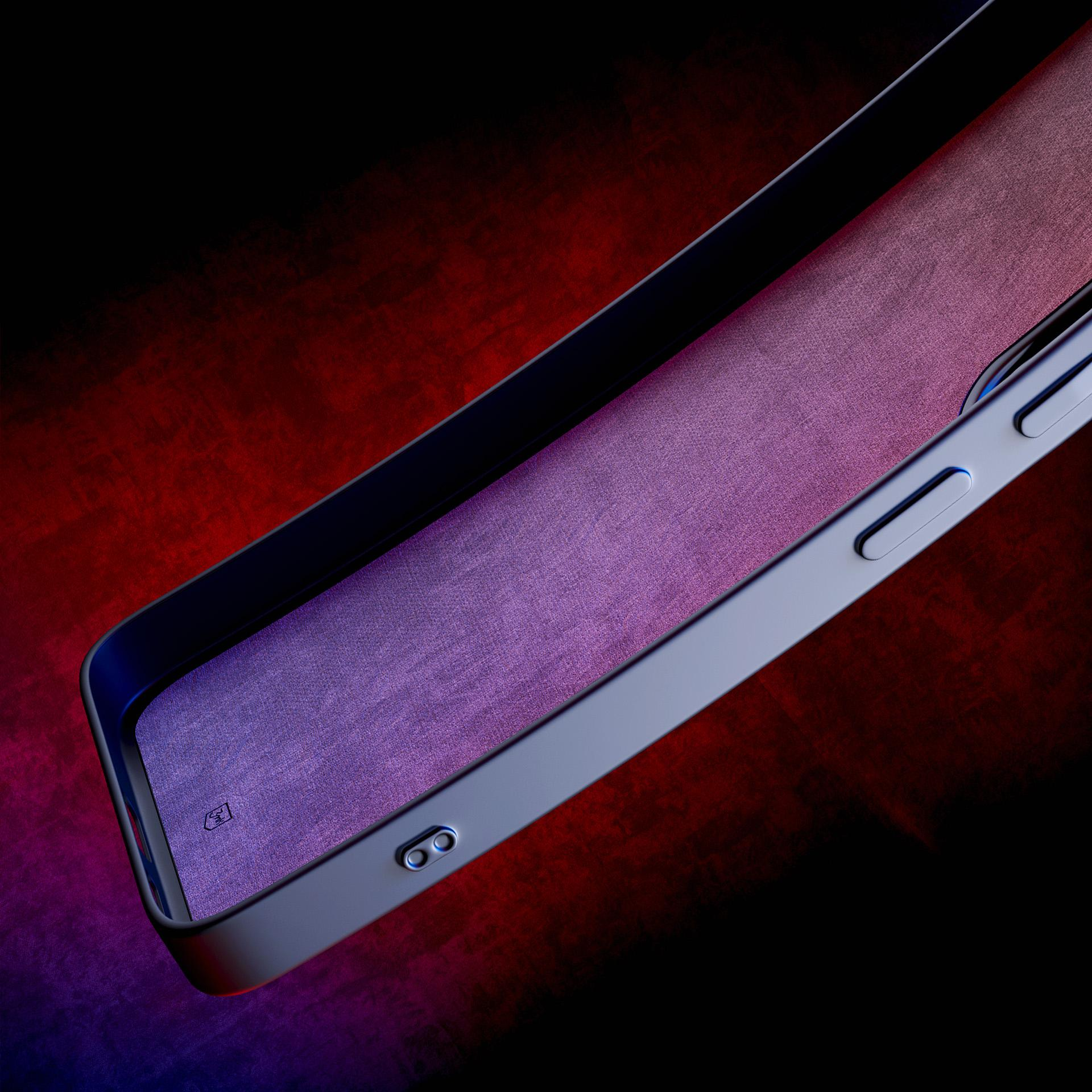 Zbliżenie na etui na telefon. Etui ma ciemnoniebieską ramkę i teksturowane fioletowe wnętrze.