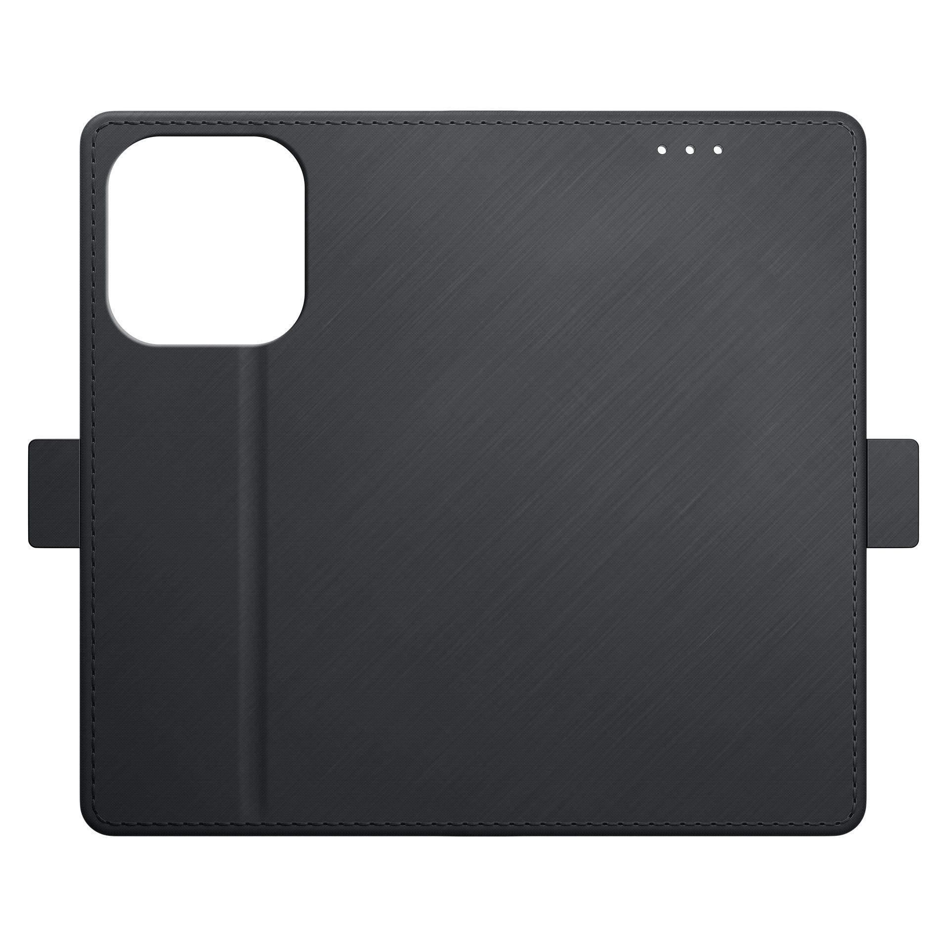 Czarne etui na telefon, otwarte, pokazujące wnętrze. Etui wydaje się być wykonane ze szczotkowanego metalu.